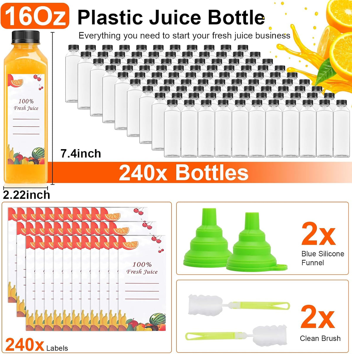 OBKJJ Plastic Juice Bottles 240 pcs 16 oz Empty Plastic Water Bottles with Caps Reusable Clear Beverage Containers for Drinking, Juicing, Smoothie, Water with 2 Brushes, 2 Funnels