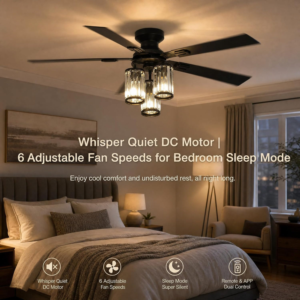 52 Inch Ceiling Fan with Lights, Low Profile Flush Mount Black 5‑Blade with Quiet DC Motor, 3 Crystal Glass E26 Shades, Remote & App Control for Bedroom and Living Room (Bulbs Not Included)