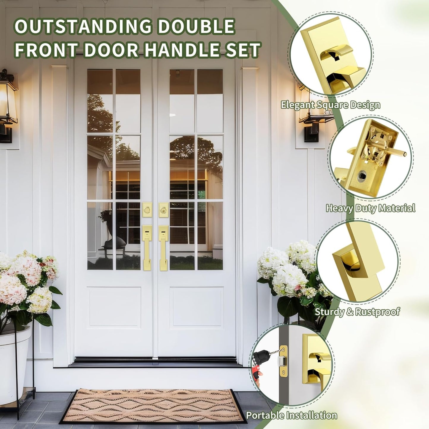 Double Front Door Lock Set, Polished Brass Square Front Door Hardware Set with Dummy