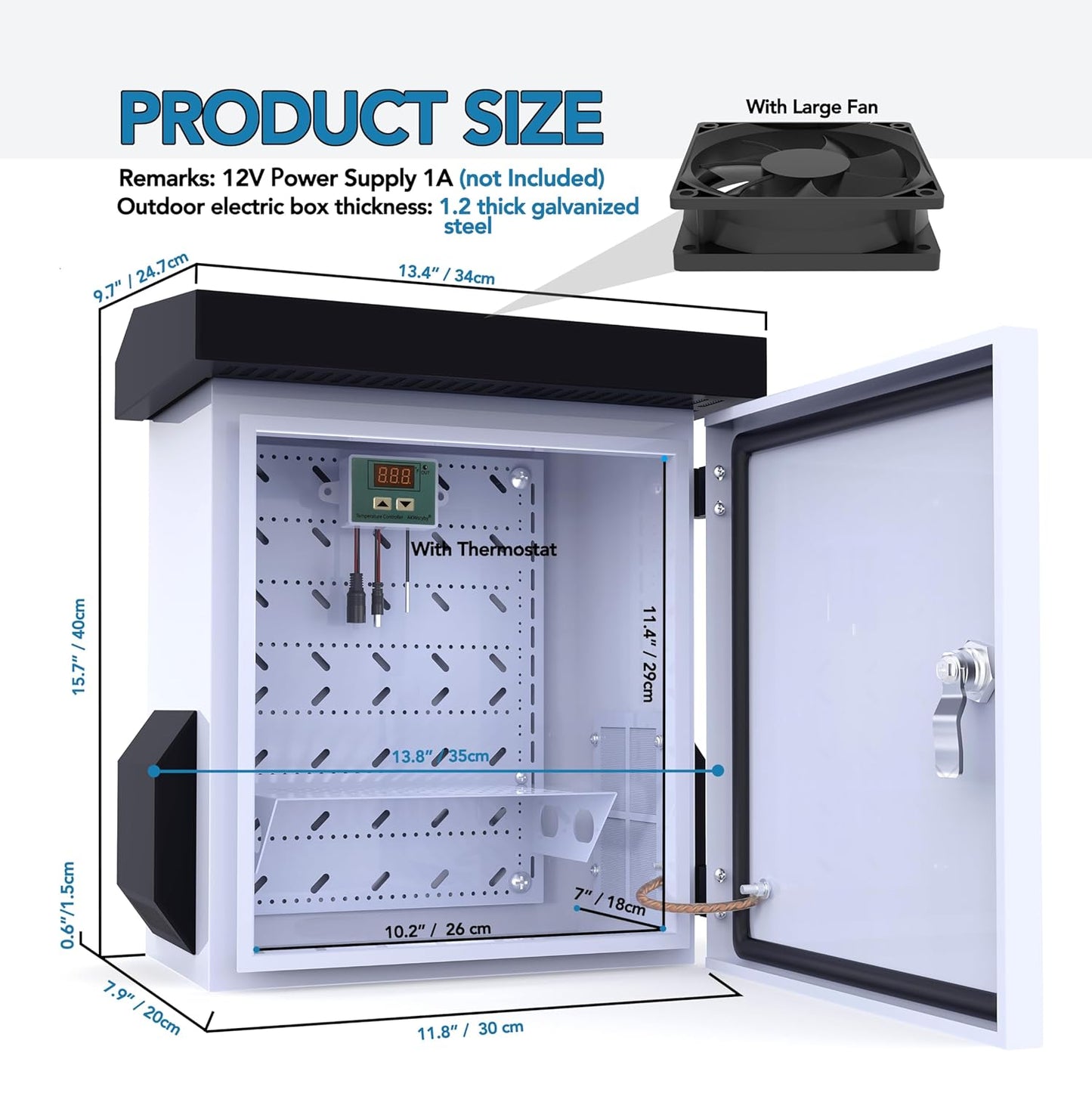 AKWscyby Outdoor Electrical Box with Thermostat and Fan, Precise Temperature Control 0.1F, IP65 Water Resistant Rating, Galvaniz