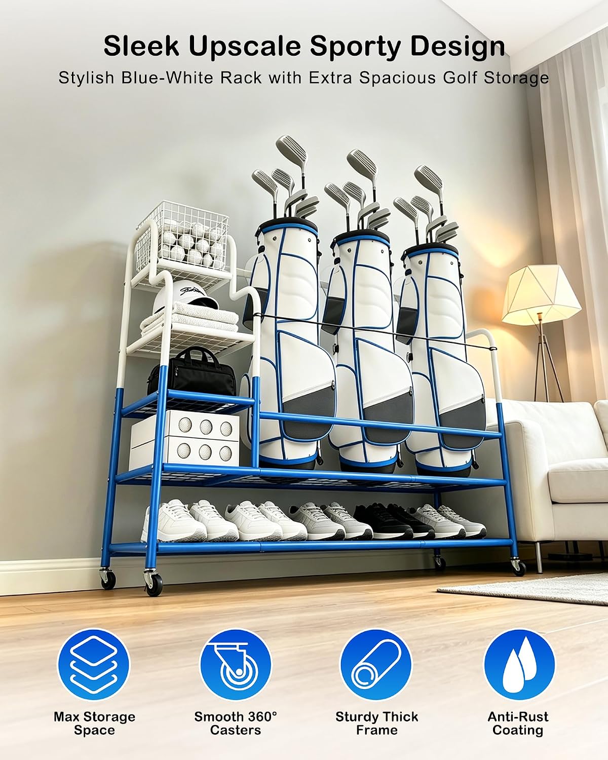 Golf Bag Storage Garage Organizer for 3 Bags, Golf Storage Rack with Wheels | 50% More Space Multi-Zone, All-In-One Compact 5-tier Upscale Sporty Heavy-Duty Rack, 4 360° Casters,Movable Basket,Golf Gifts 3 Golf Bag Rack丨50.4"(L)x15.8(W)"x44.6"(H)