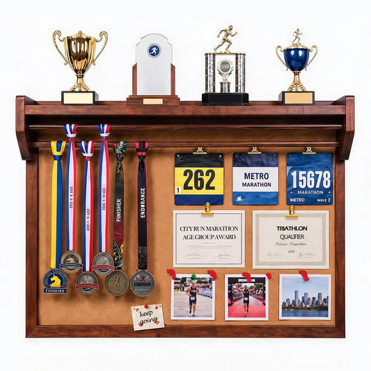 Wooden Medal Display, DIY Sports Achievement Wall, Trophy & Race Bib Holder