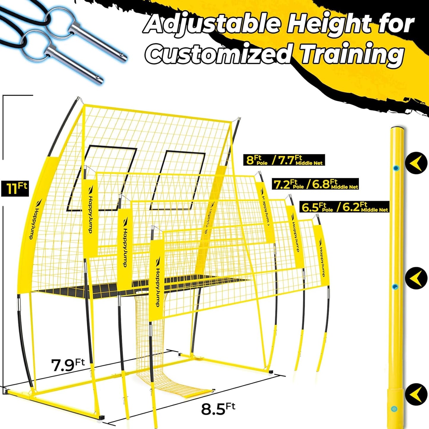 Happy Jump 8x11 FT Professional Adjustable Volleyball Training Equipment, 3 Height Levels (6.5–8 FT), 2026 Reinforced for Tear & Impact Resistance, Includes Volleyball for Indoor/Outdoor Training