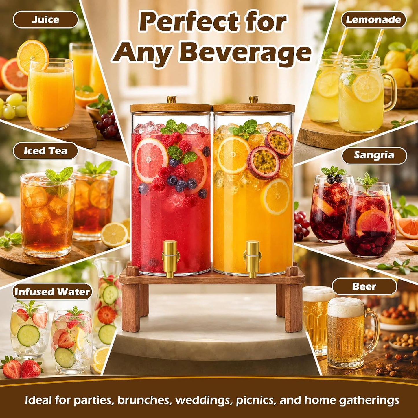 2PCS Drink Dispenser, 1.5 Gallon Each Glass Beverage Dispenser with Wood Stand, Juice Lemonade Dispenser with Stainless Steel Spigots, Drink Dispensers for Parties
