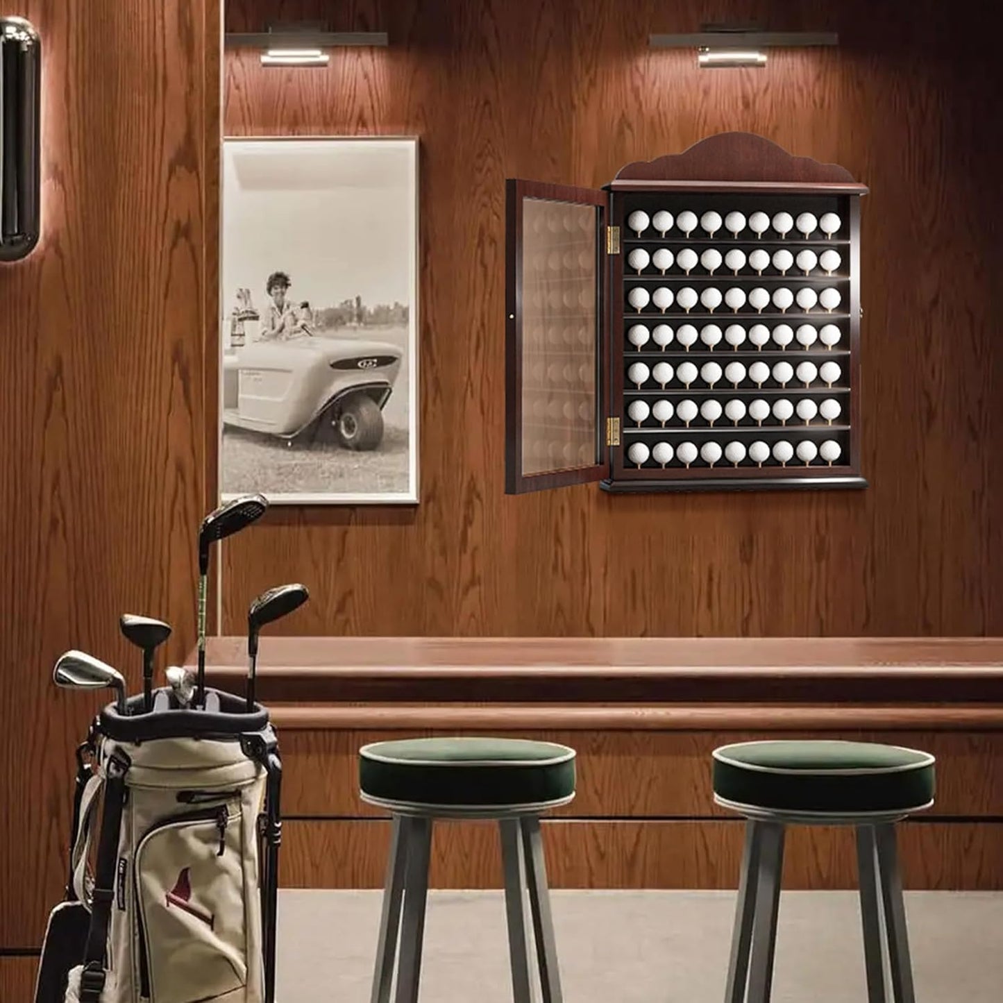MR 63 Golf Ball Display Case, Executive Golf Ball Cabinet, Wall Mount Golf Ball Shadow Box with Wood Tees, Wall Rack Holder Solid Wood Frame with 98% UV Protection Lockable Acrylic Glass Door