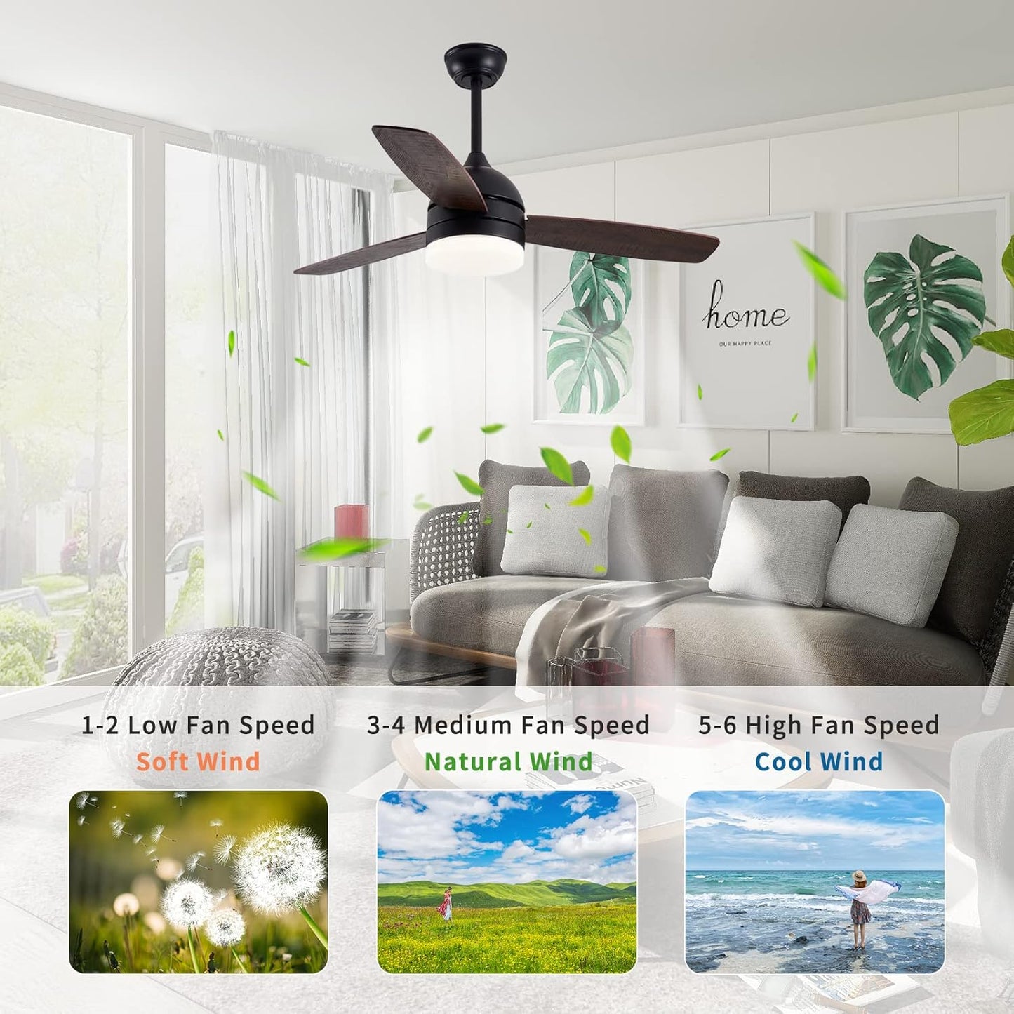 48 Inch Smart Ceiling Fans with Dimmable LED Lights, Black Modern Ceiling Fan with Remote/APP, Outdoor Wood Reversible Blade Ceiling Fans DC Quiet