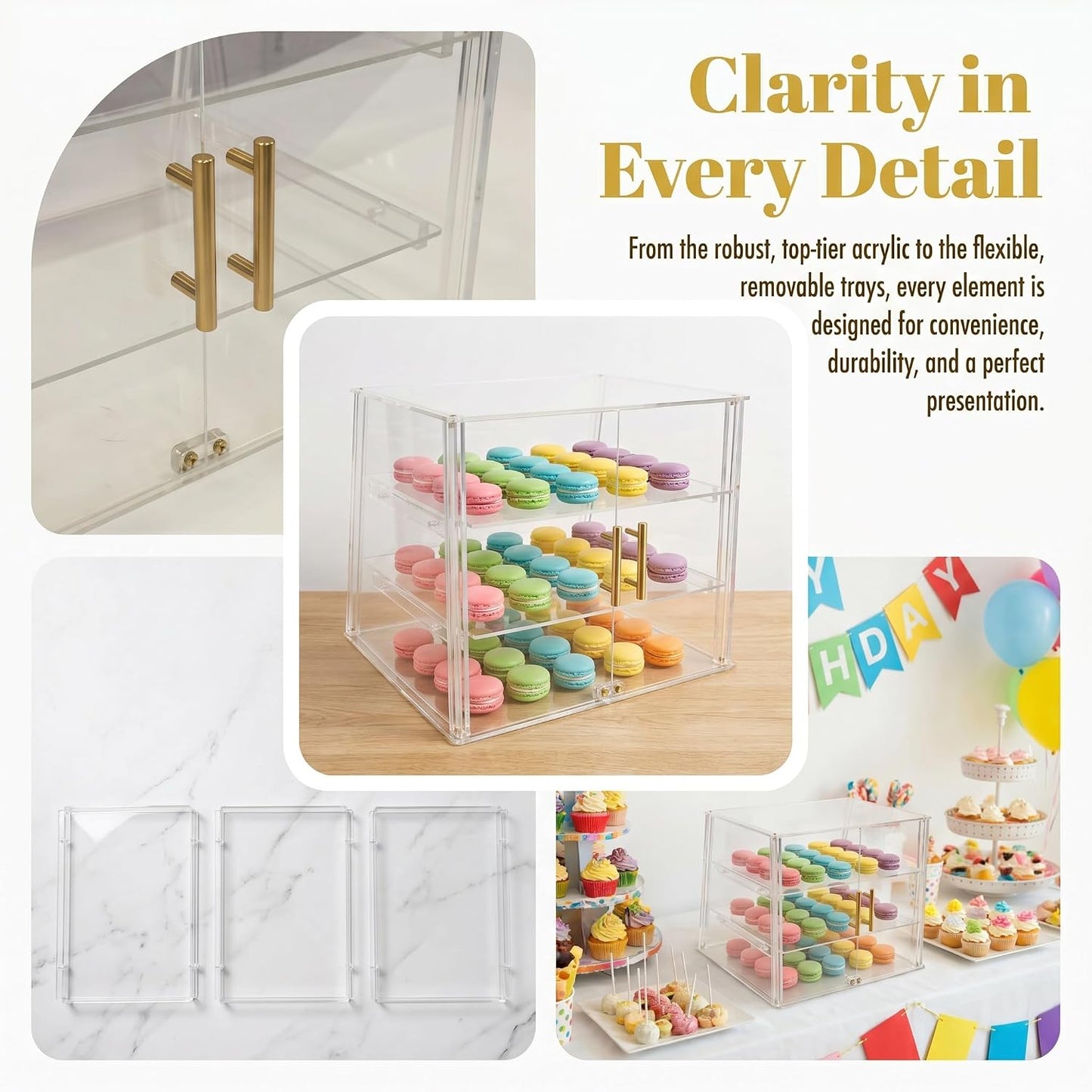 3-Tier Commercial Bakery Display Case with Removable Trays, 18.9" L x 17.8" W x 14.17" H Countertop Pastry Showcase, Clear Acrylic PETG Dessert Cabinet with Magnetic Doors for Donuts Cakes Cookies
