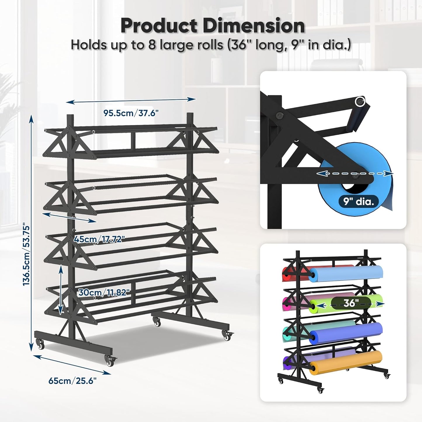 Large Paper Roll Holder Heavy Duty Paper Roll Dispenser and Cutter Holds Eight 36" Wide x 9" in Diameter Rolls Mobile Rolling Organizer for Kraft Butcher Craft Wrap Paper Roll Cutter