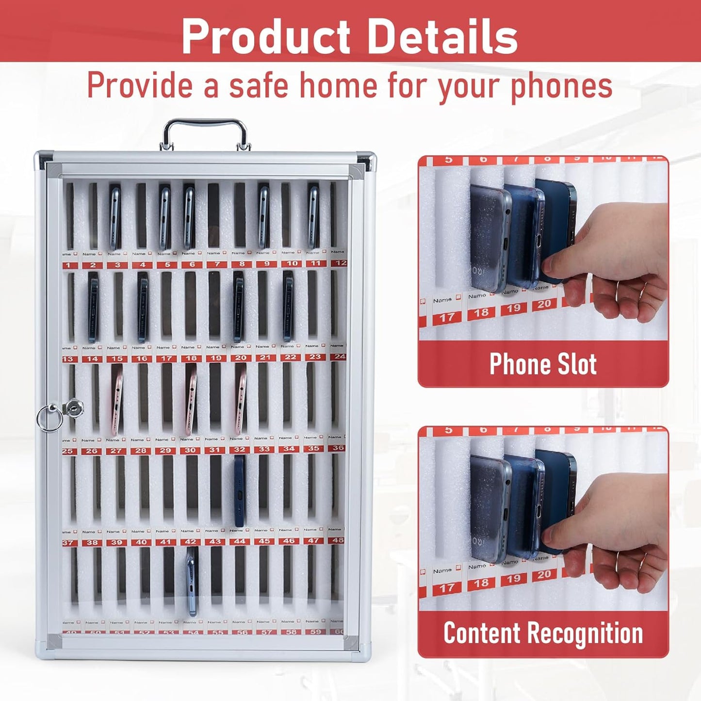 60 Slots Cell Phone Holder Classroom Aluminum Alloy Cell Phones Storage Cabinet Wall Mounted Cell Phone Locker