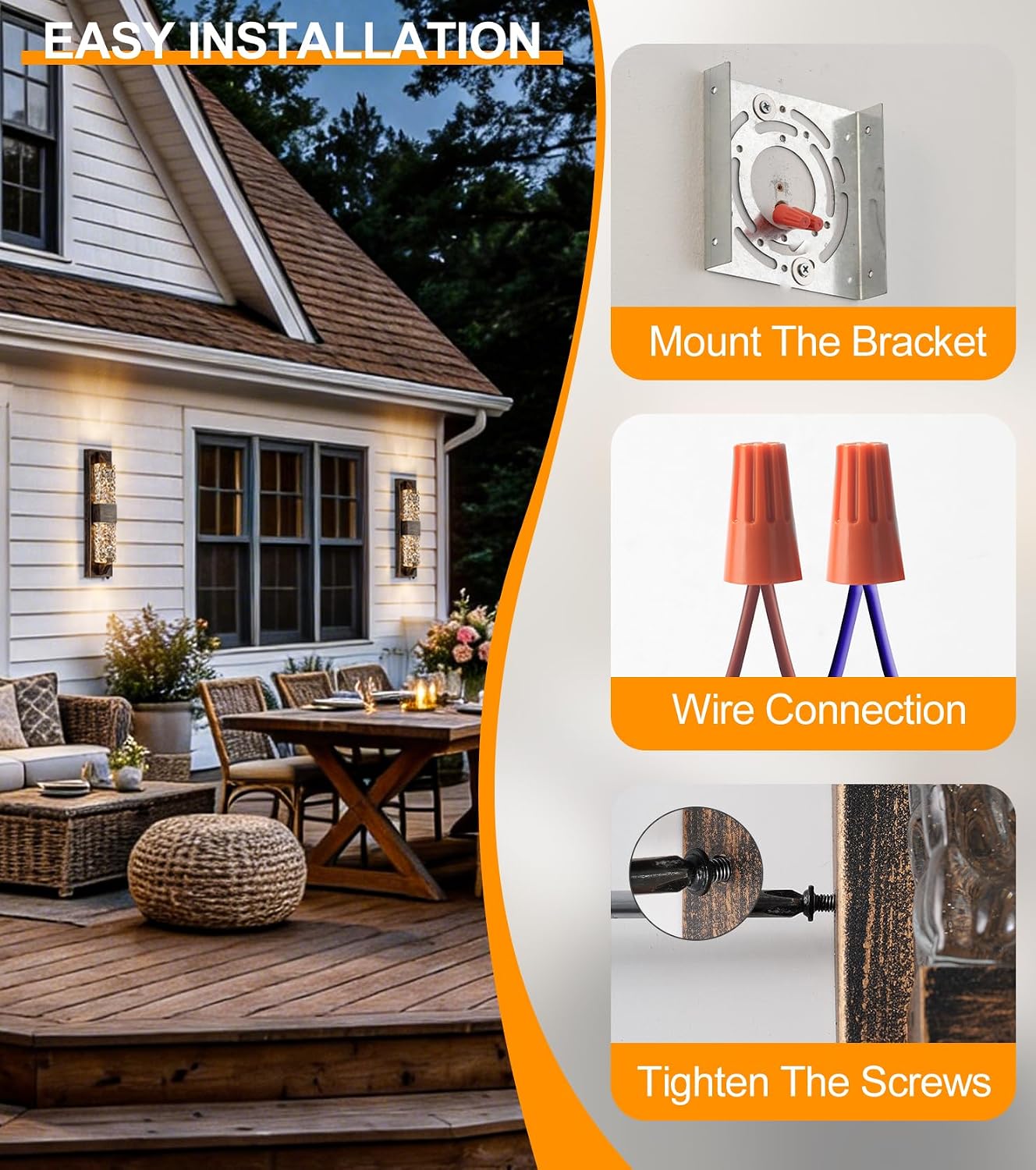 Dusk to Dawn Porch Lights, 18.5" Rustic LED Outdoor Wall Light 2 Pack | Rustic Wood-Grain,Crystal Glass Shade, IP65 Waterproof,12W 3000K Hardwired, Rust-resistant for Entryway/Garage/Patio/Doorway