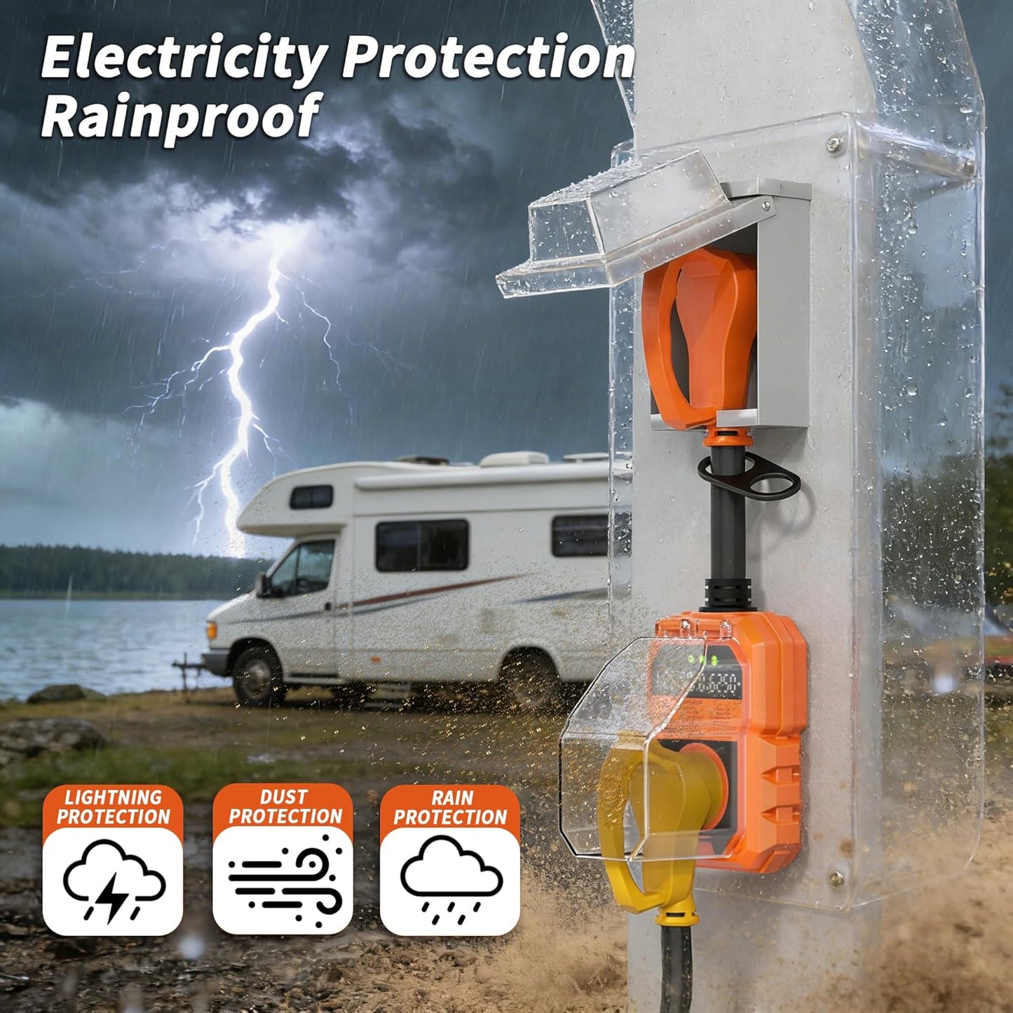 22000J RV Surge Protector 50 Amp with Auto Shutoff & Reset, LED Display Real-Time Circuit Analyzer for Camper Travel Trailers, RV Adapter Plug with Waterproof Cover 50A