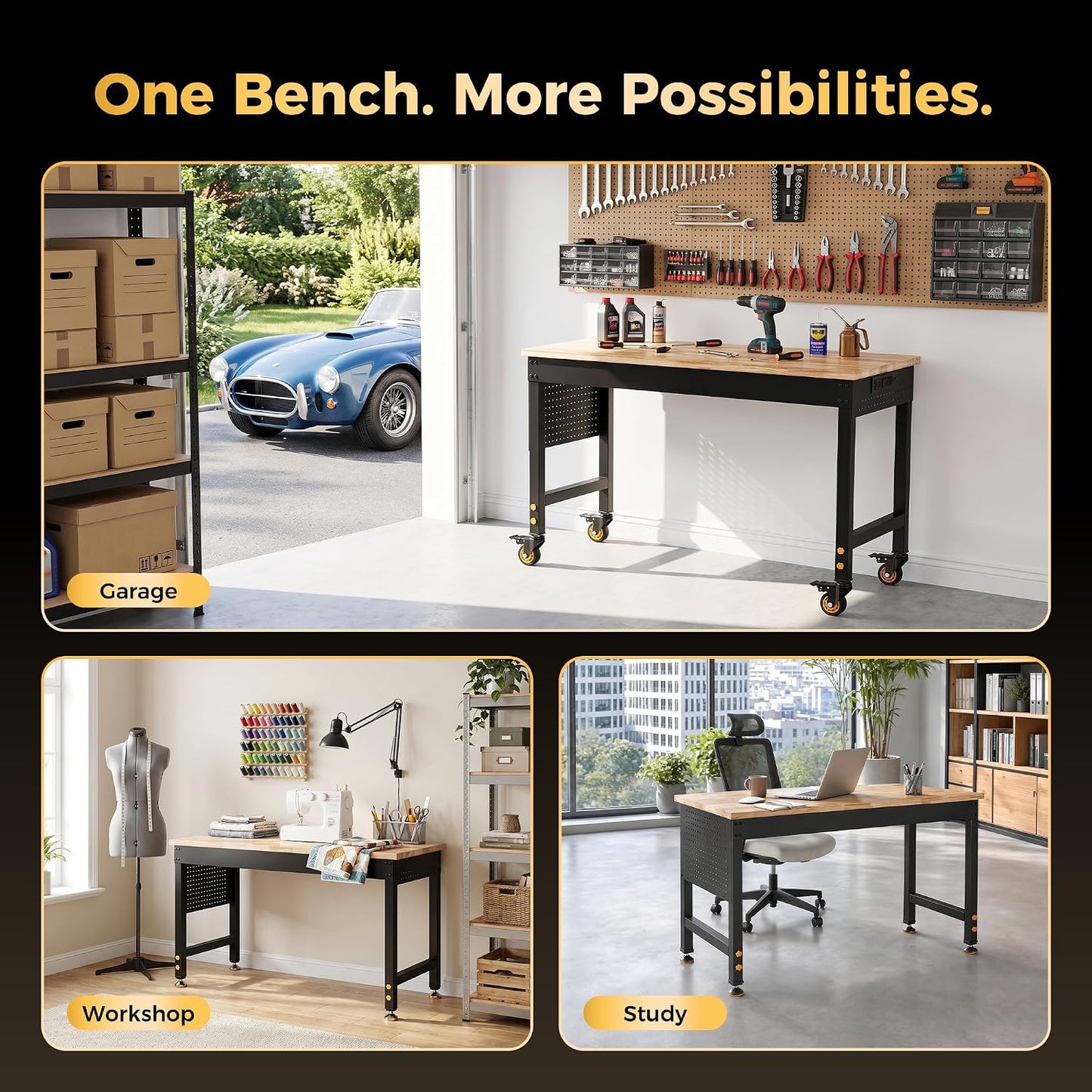 CAMMOO 48" Garage Work Bench with Wheels, Pegboard & Power Outlet 48*24 Inch
