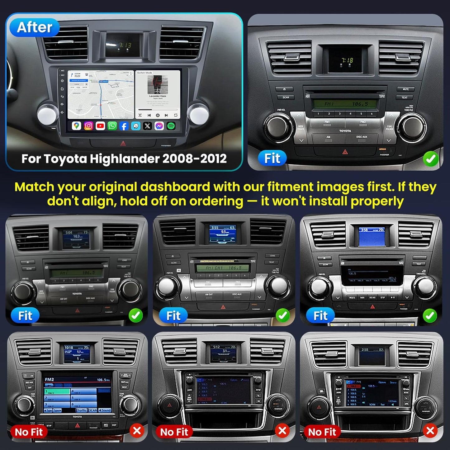 8 core for Toyota Highlander Car Radio Upgrade 2008-2012: Android 13 Touch Screen Stereo Head Unit, Wireless CarPlay Android Auto, Bluetooth GPS WiFi FM SWC, 10.2 Inch IPS Display 1280x800, 2G+32G