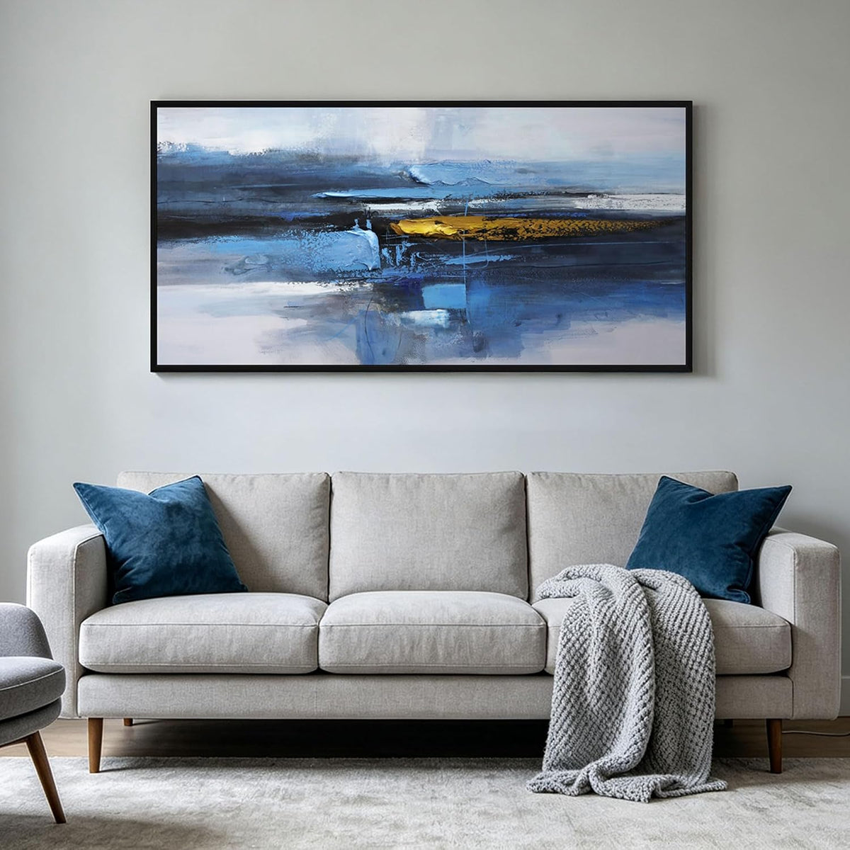 KLAKLA Abstract Wall Art Canvas Framed Picture for Living Room 48x24 Inches Blue and White + Black Framed 48"L x 24"W