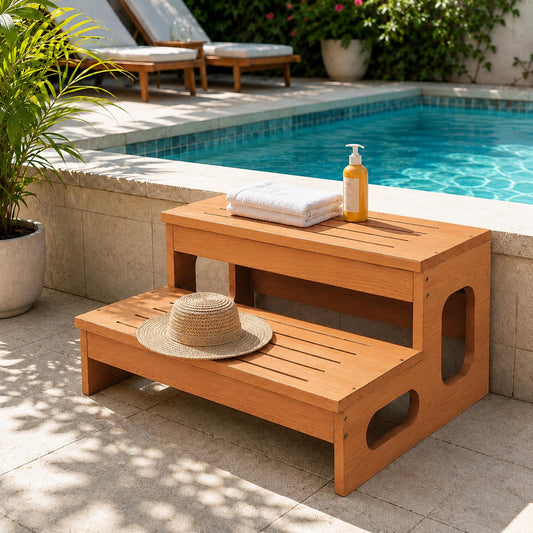Wood Hot Tub Steps, Waterproof & Non-Slip Outdoor Spa, Pool Stairs Straight:24.7"x13.2" Oak