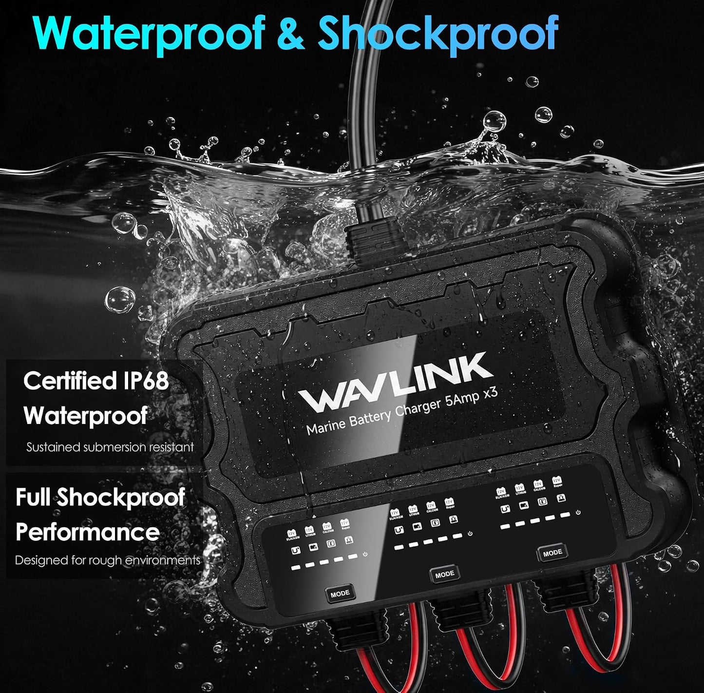 3 Bank 15A Marine Battery Charger 12V IP68 Onboard Battery Charger | 5A Per Bank, Multi-Stage Charging & Desulfating Repair, Multi-Protection, Compatible with SLA/AGM/LiFePO4/Calcium Batteries