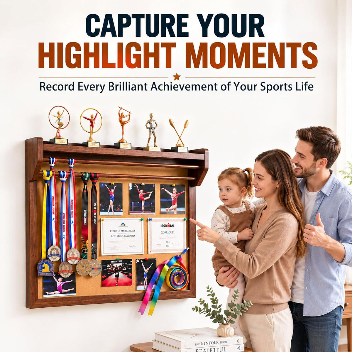 Wooden Medal Display, DIY Sports Achievement Wall, Trophy & Race Bib Holder