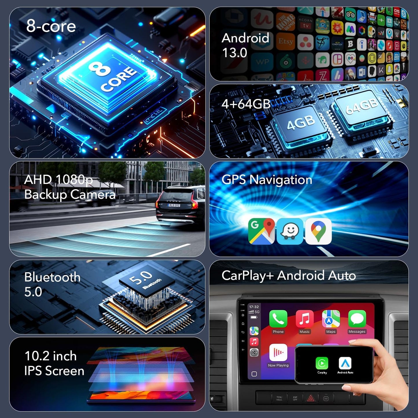 10.2" 8 Core 4+64GB Car Radio Stereo Upgrade for 2009-2012 Dodge Ram 1500 2500 3500, Plug and Play Android 13 Head Unit with Wireless Carplay/Android Auto/1080P Backup Camera 10.2'' QLED TOUCHSCREEN