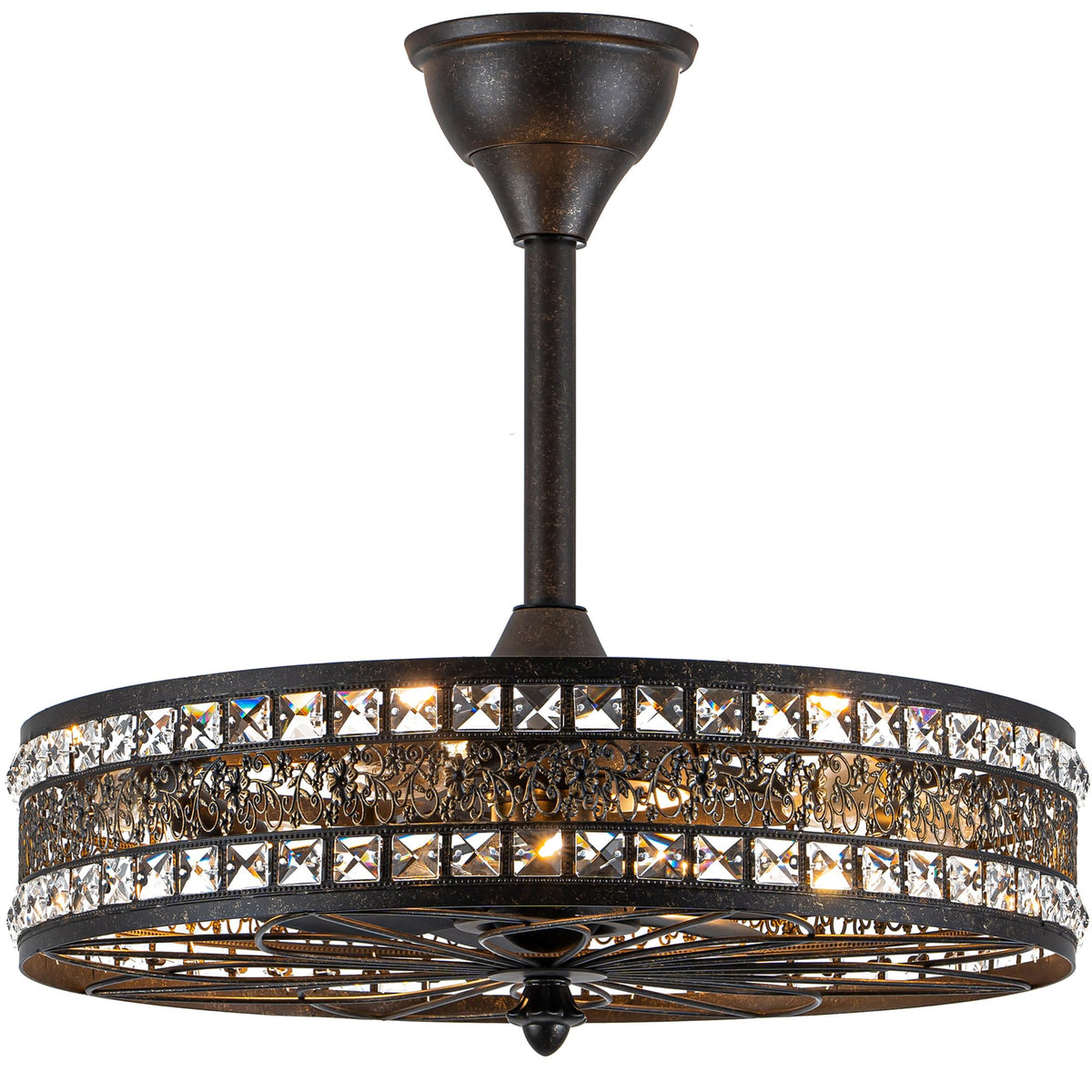 Antique Bronze Chandelier Ceiling Fan with Light,Crystal Caged Fandelier
