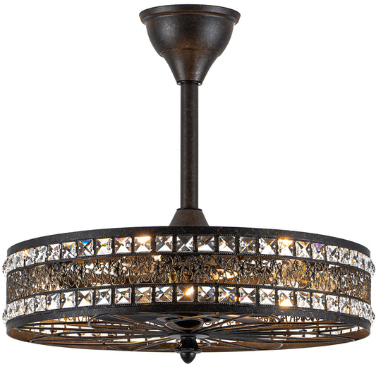 Antique Bronze Chandelier Ceiling Fan with Light,Crystal Caged Fandelier