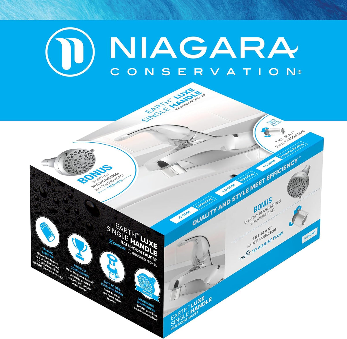 Niagara Conservation Earth Luxe Single Handle Bath Faucet with Tri-Max Adjustable Flow Rate and Bonus 5-Spray Showerhead, Chrome Silver