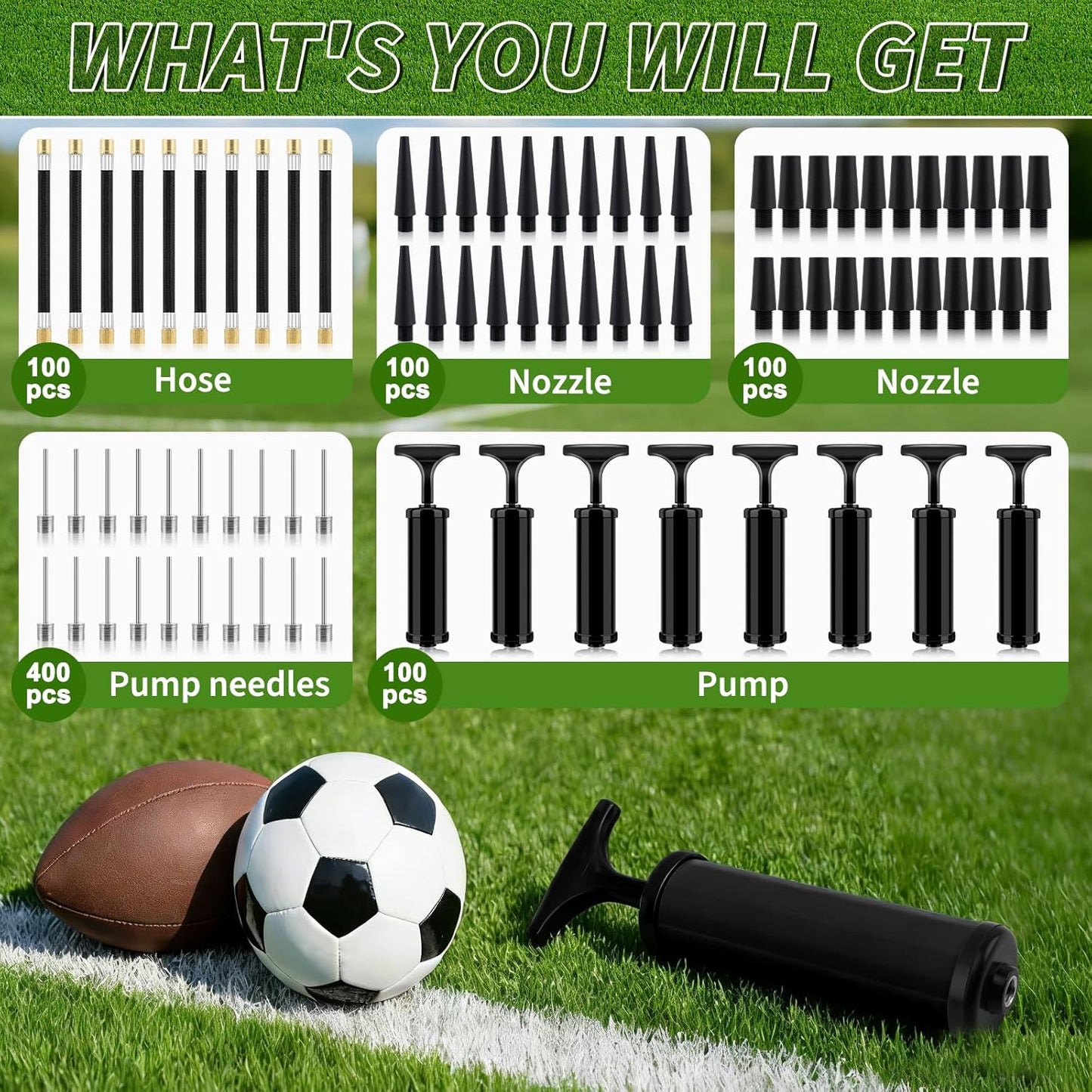100 Sets Ball Pump Bulk for Sports Balls, Air Pump for Sports Balls Include Needle Nozzle Extension Hose Portable Hand Inflation Kit for Basketball Soccer Football Volleyball Balloon - Black