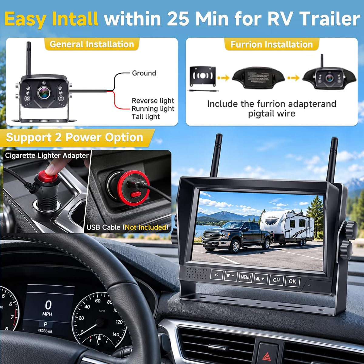 Easy Install 1080P Wireless RV Backup Camera: 7” Plug & Play for RV Trailer