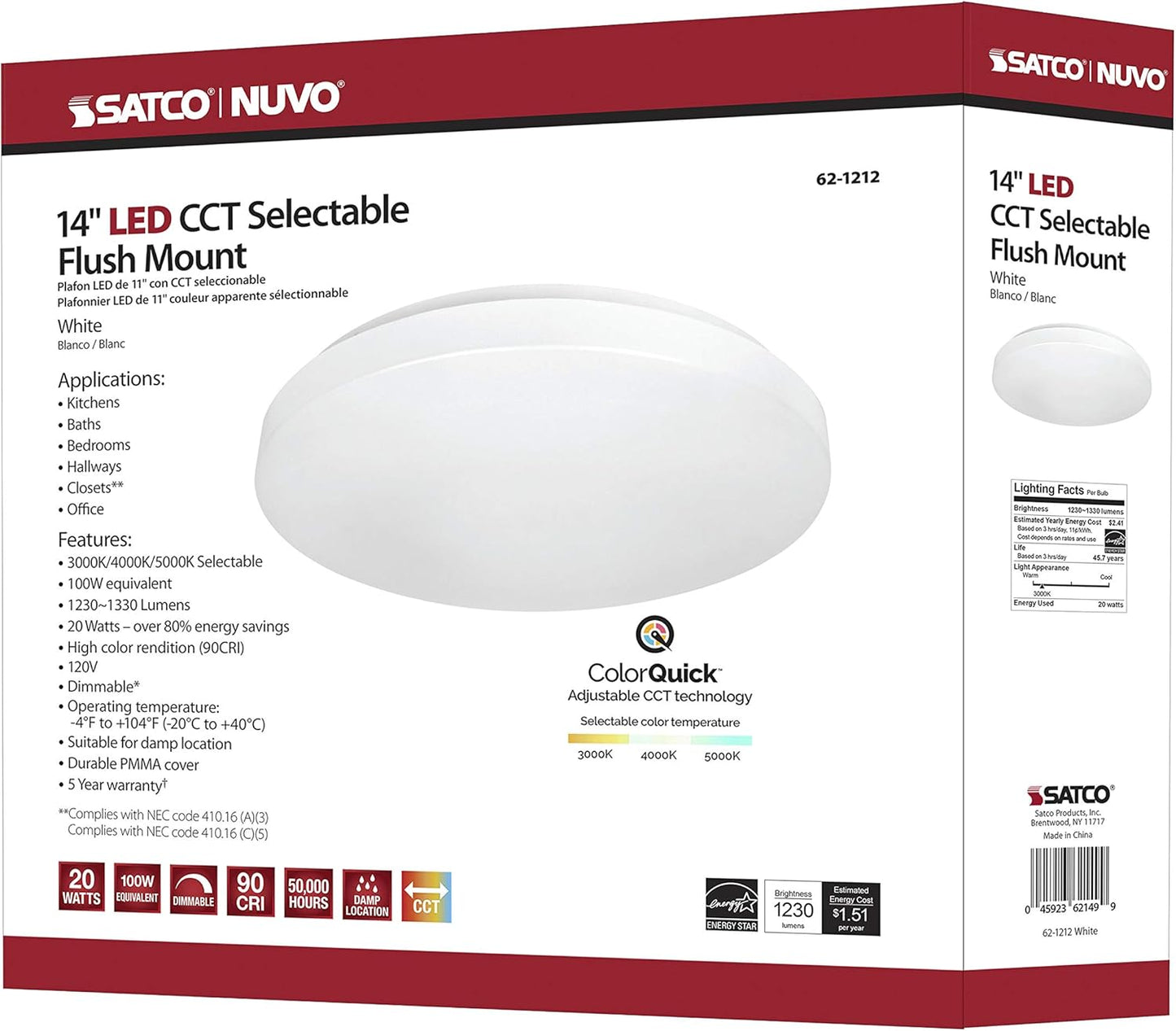 14 inch Acrylic Round, Flush Mount Ceiling Light (Temperature Selectable & Dimmable 3000K/4000K/5000K)