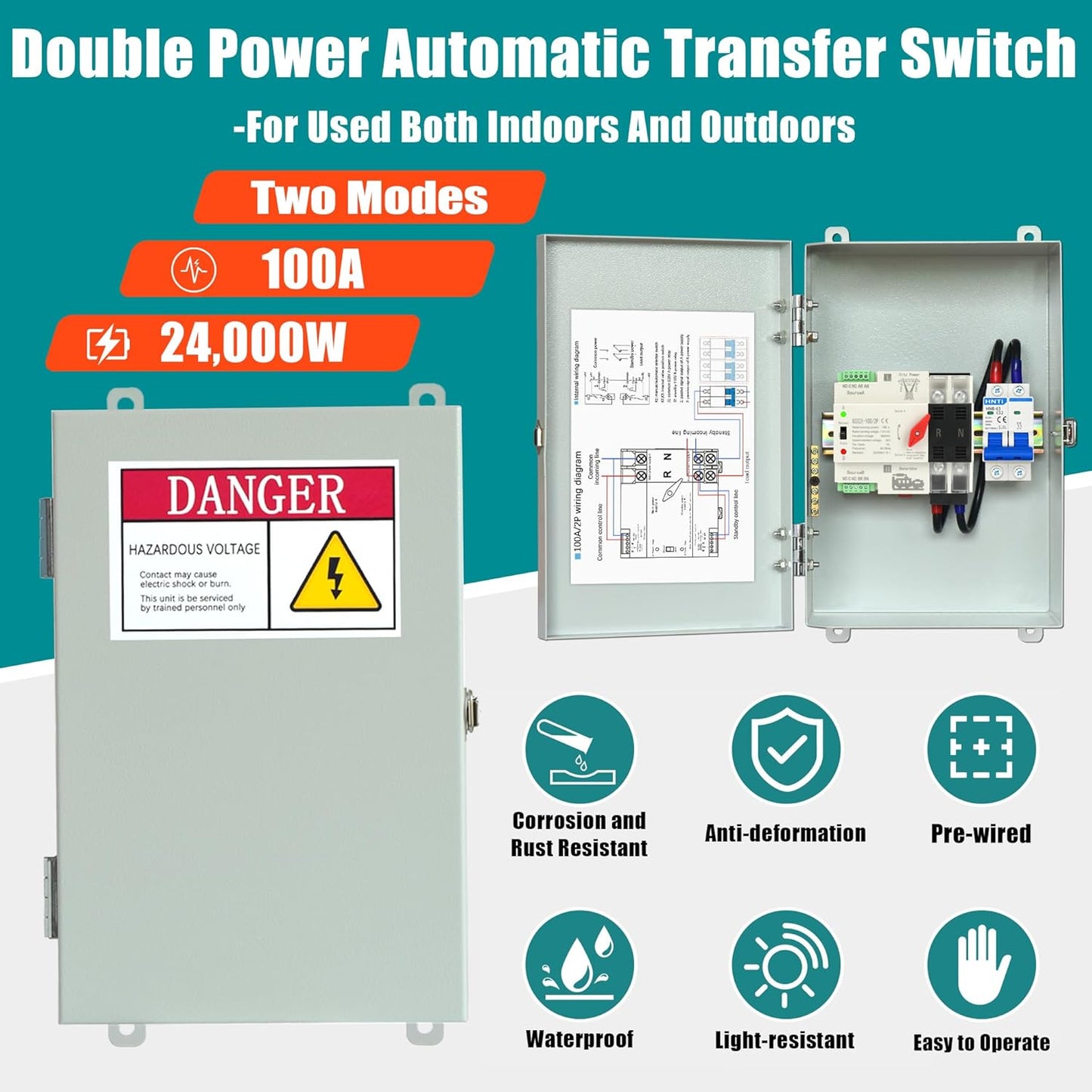 Upgraded 100 Amp Transfer Switch Kit,24,000W Dual Power Automatic Transfer Switch with 63A,32A,20A,16A Circuit Breakers,120V/240V RV Transfer Switch