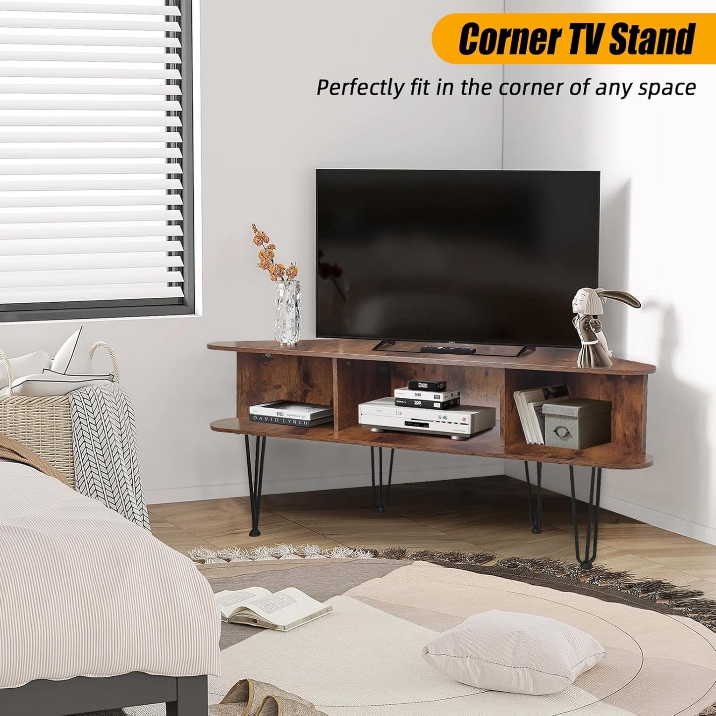 Corner TV Stand with 3 Open Divided Storage, Corner TV Console with Metal Feet and Anti-Slip Pads, Corner Entertain