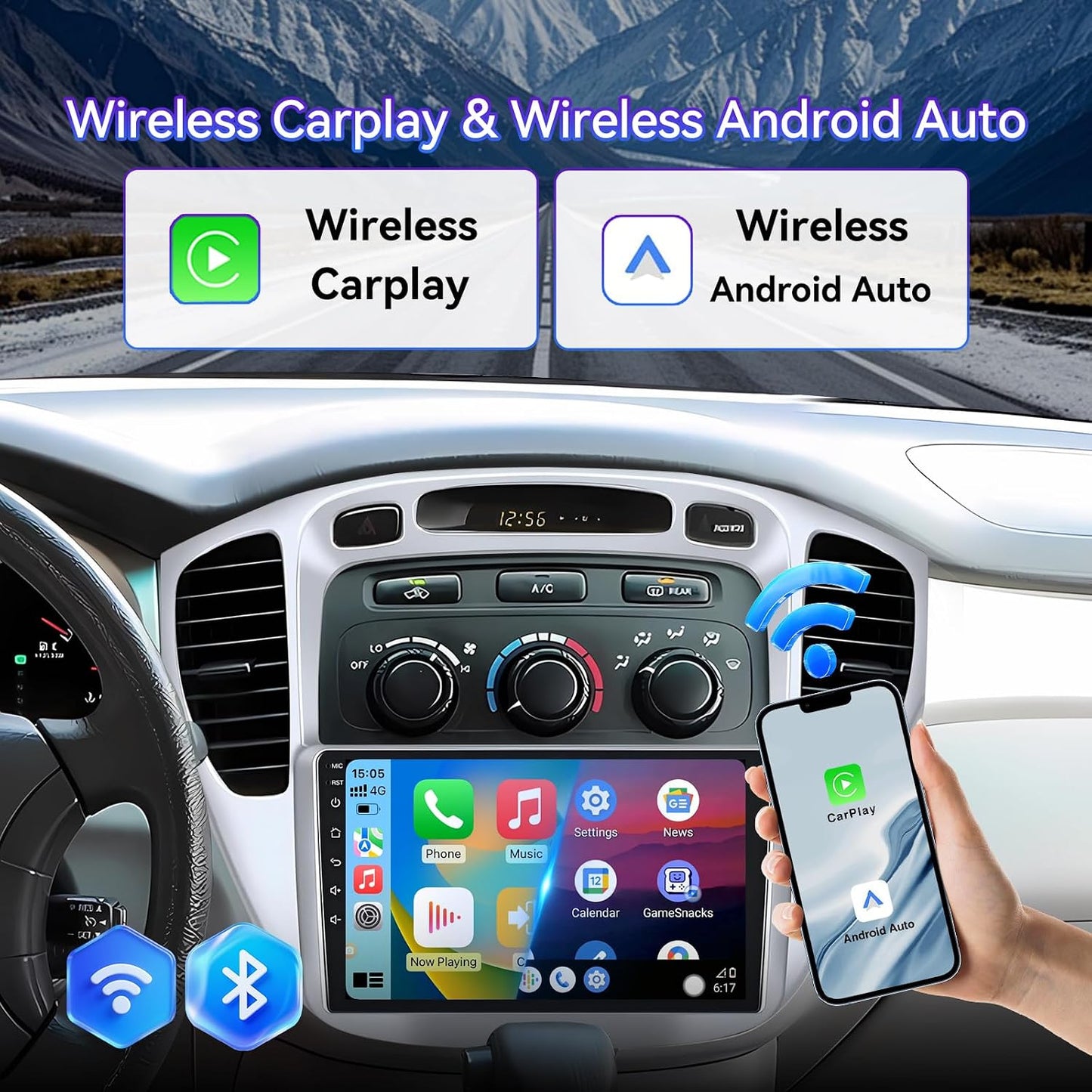 9 Inch Car Radio Compatible with Toyota Highlander 2000-2007, Android 13 Touch Screen Car Stereo Wireless CarPlay GPS Navigation WiFi BT FM Mirror Link SWC with Reverse Camera 2+64GB