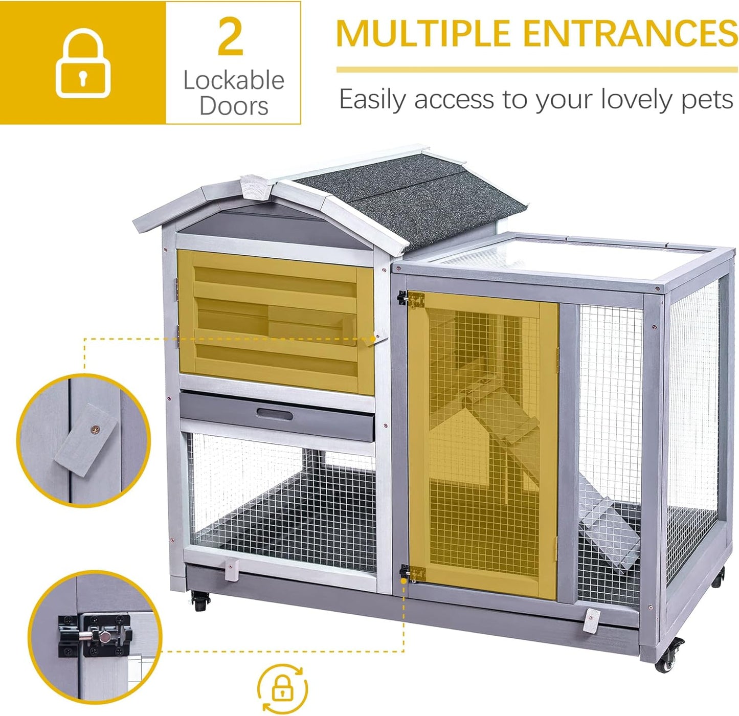 Indoor/Outdoor, Wooden Rabbit Hutch/Cage with Wheels,  Ramp and Removable Tray