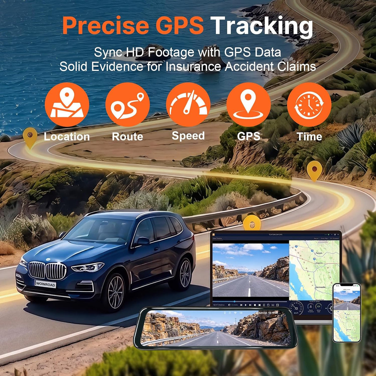 4CH 360 Mirror Dash Cam Front Rear WiFi GPS 128GB SD