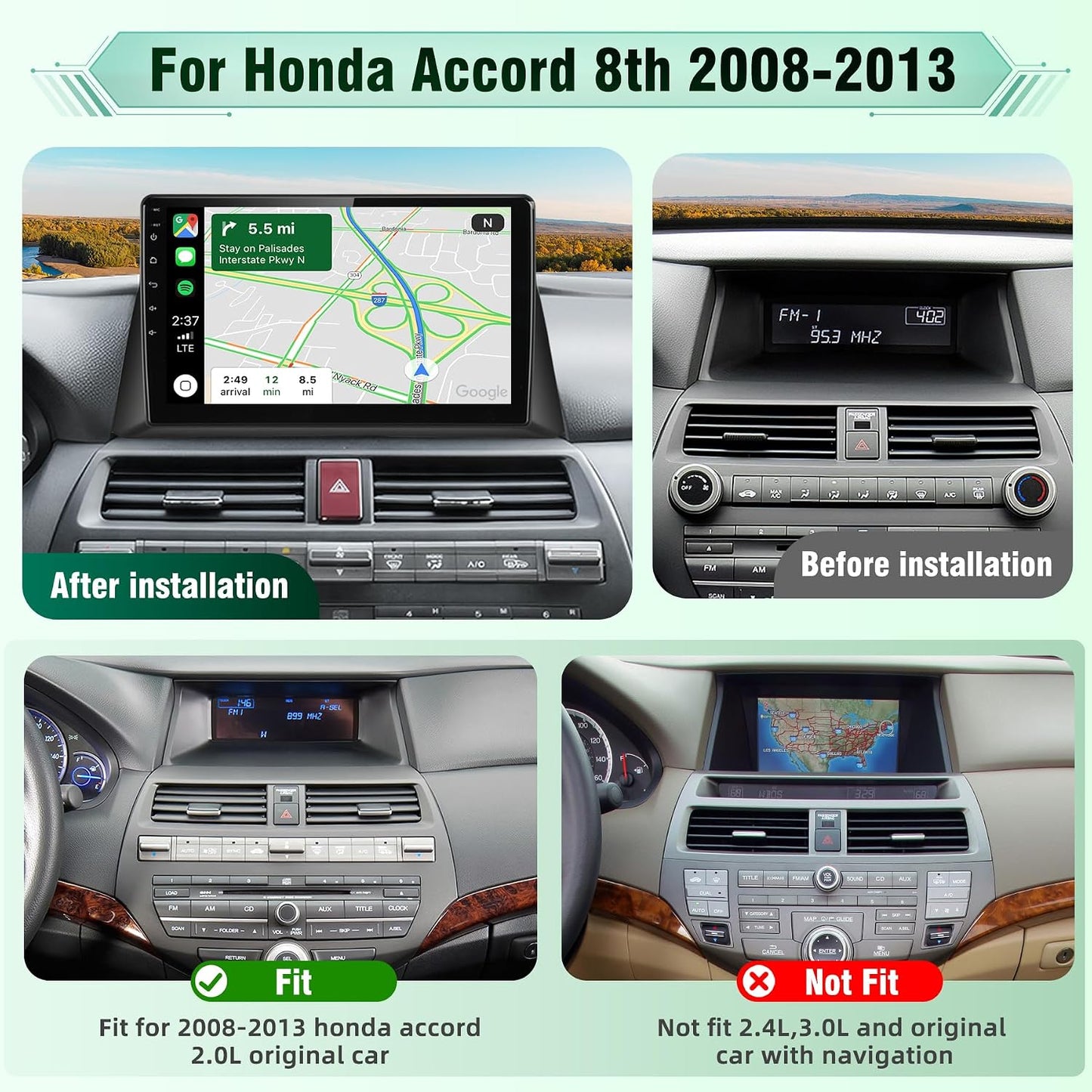 10-Inch Android 15 Radio for Honda Accord 2008–2013, Wireless CarPlay & Android Auto, IPS HD Touchscreen Stereo, Bluetooth 5.0, Wi‑Fi GPS Navigation, 2GB RAM 32GB ROM, AM/FM/RDS, SWC Headunit