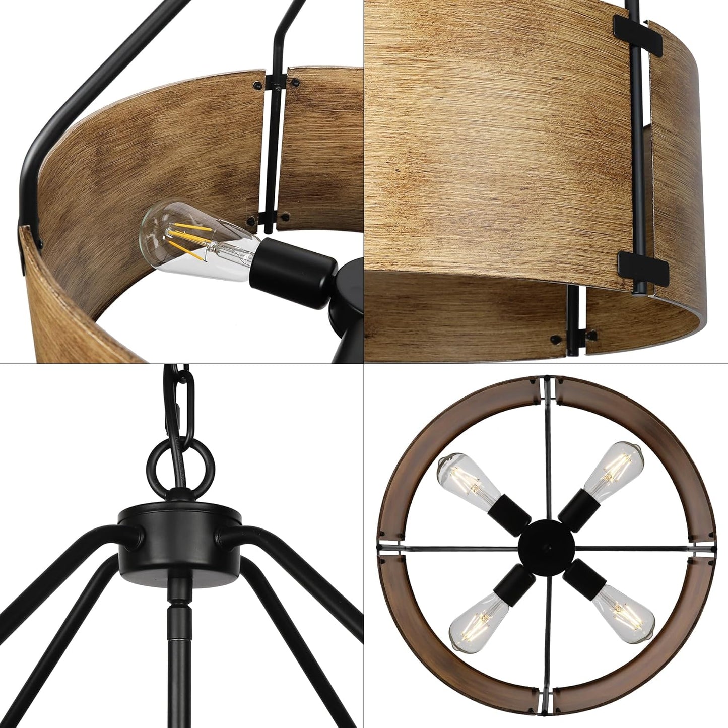 CNRATYE 4-Light Farmhouse Drum Chandelier, Rustic Industrial Round Metal Hanging Light Fixture for Dining Room Foyer Entryway Kitchen Bedroom Living