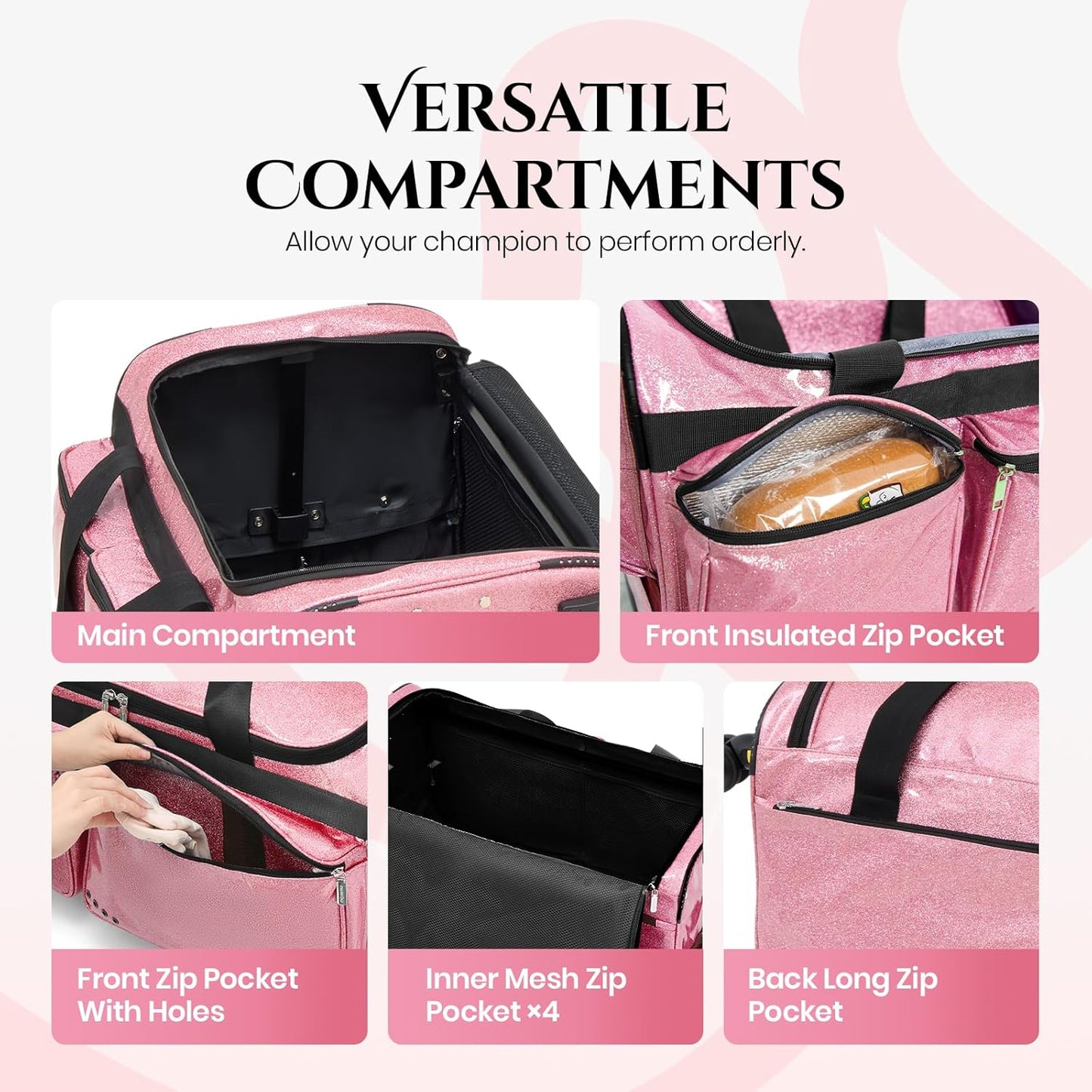 Fanwoli 23" Rolling Dance Duffel Bag with Garment Rack | Detachable 4-Spinner Wheels | Waterproof Glitter Fabric | Competition Travel Luggage for Cheerleader, Skating, Gymnast & Sleepover | Pink Sparkling Pink