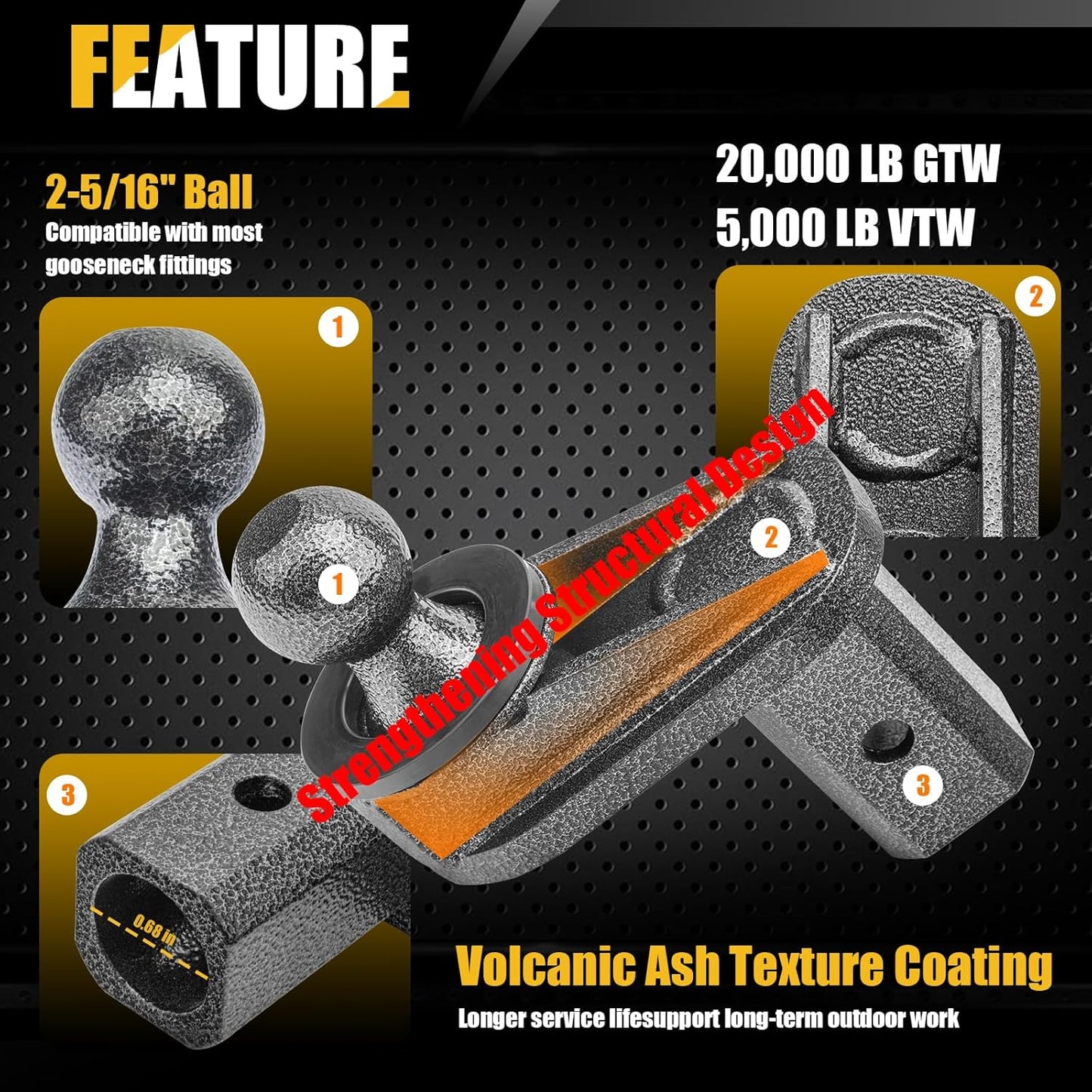 4" Offset Gooseneck Ball Extender with Anti-Rattle PU Washers, Square Base 2-5/16" Ball, 2" Rise, Coupler Support, Reinforced Gusset for Square Turnover Ball Hitches Grey 4" Extension
