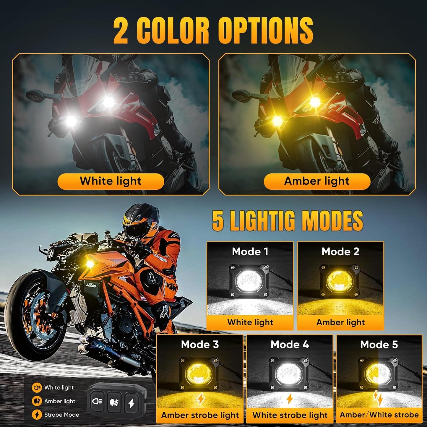 Upgraded Motorcycle LED Auxiliary Lights - Thickened Heavy Duty Bracket, Dual Color White/Amber Strobe Fog Light, DRL Driving Lamp Kit with Wiring Harness for ATV UTV Offroad