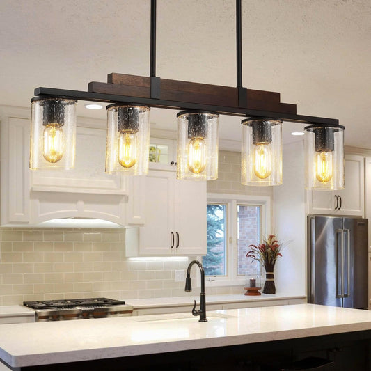 Farmhouse Linear Chandelier for Dining Room, Seeded Glass Dining Room Light Fixture Over Table, Wood Island Light fo