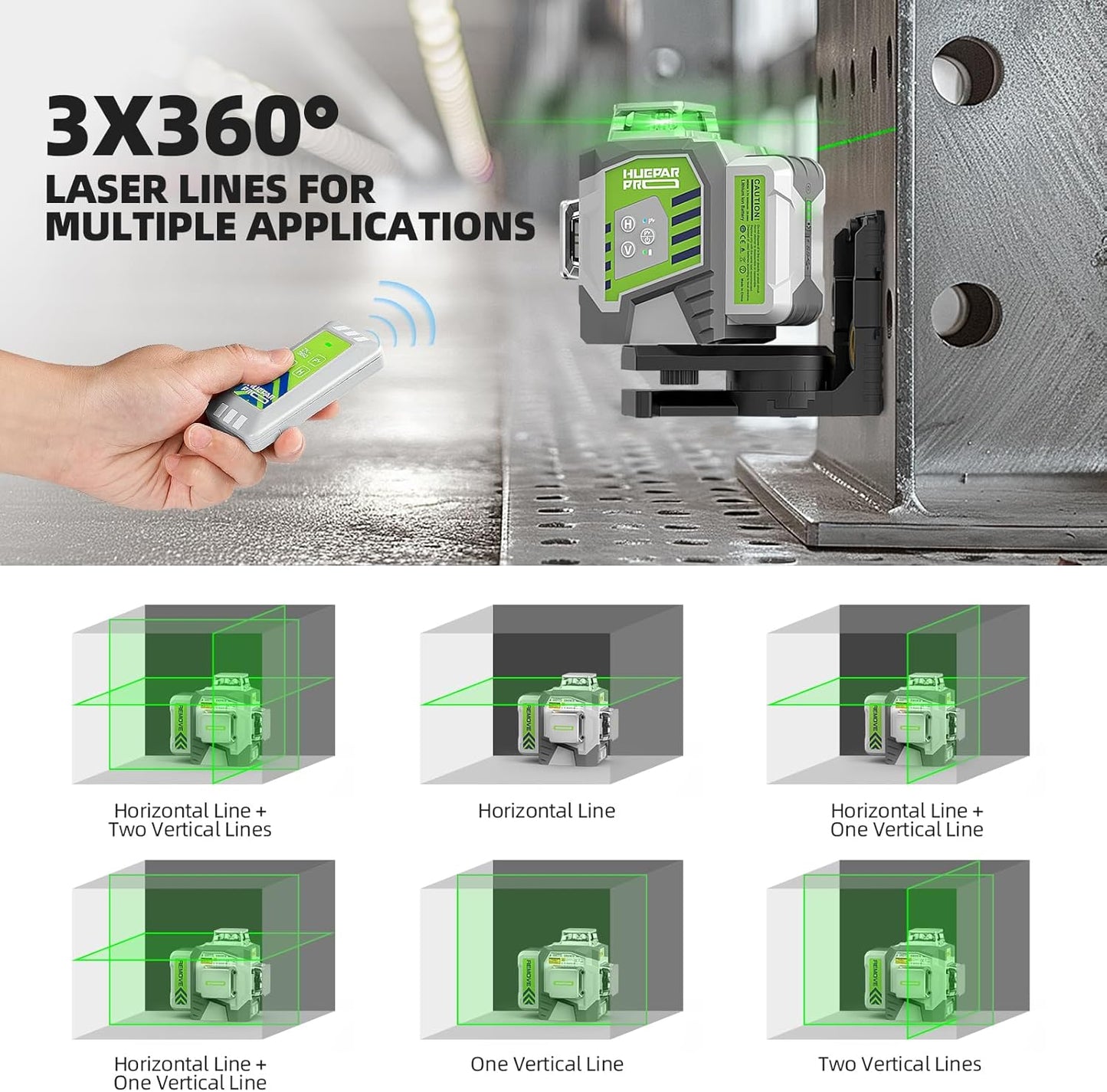 HueparPro Laser Level 360 Self Leveling, 3 x 360 High Brightness Cross Line Laser for Construction and Picture Hanging, 12 Green Laser Level Tool