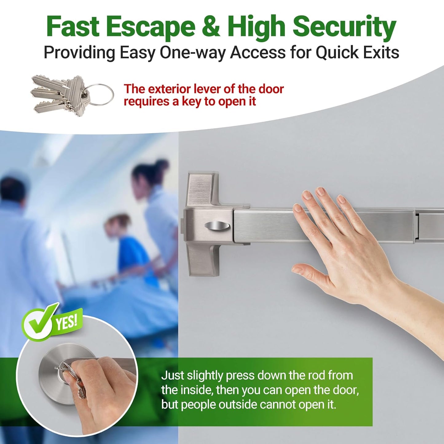 Push Bar Panic Exit Device for Emergency Exit Doors with Door Handle- 304 Stainless Steel Panic Bars for Exit Doors, 38" Commercial Push Bar Panic Exit Device for 39”-53” Wood/Metal Door (Silver)