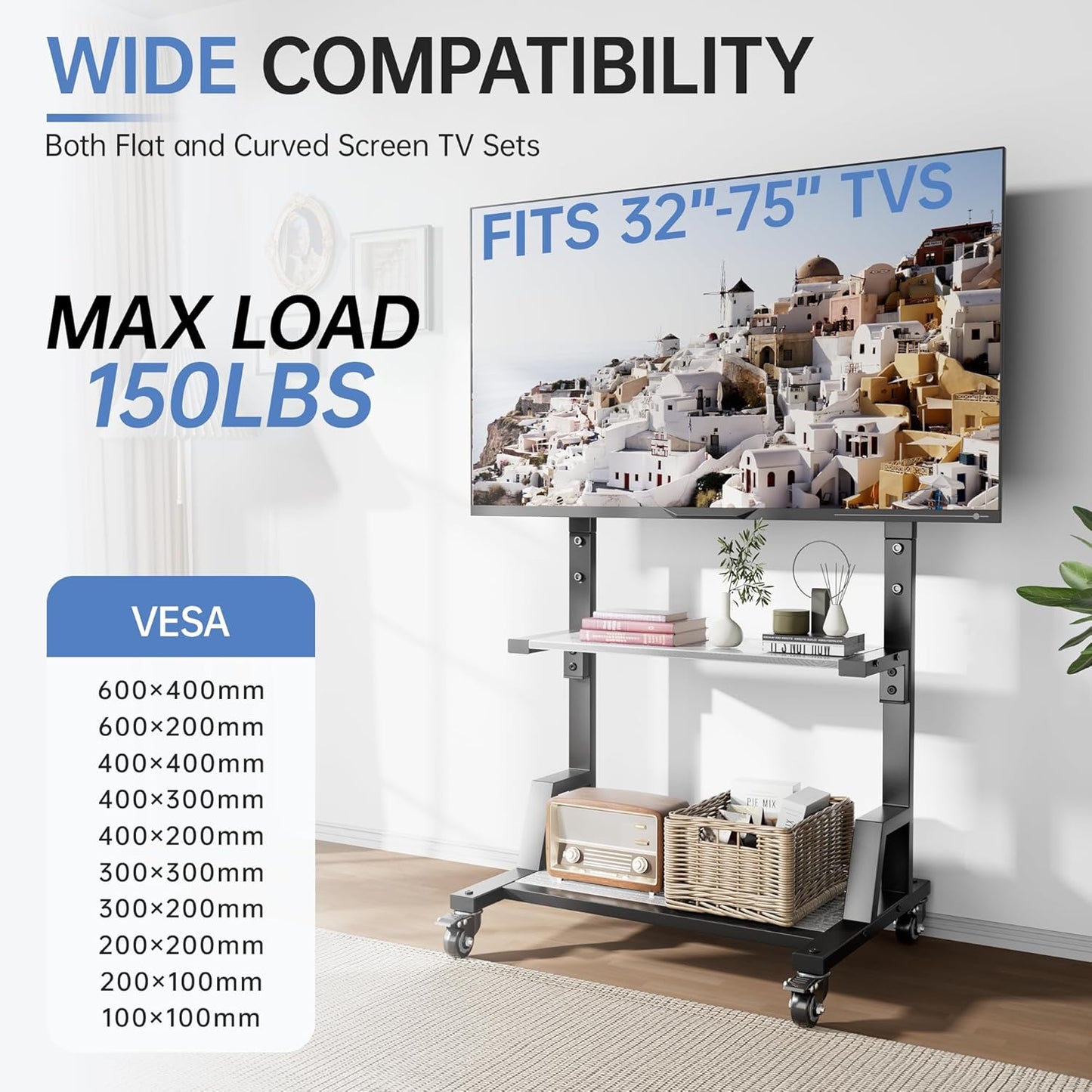 Mobile TV Stand with Storage Shelf, Height Adjustable Rolling TV Cart for 32-75 Inch LCD LED Flat Curved Screens, Portable Wooden TV Stand with