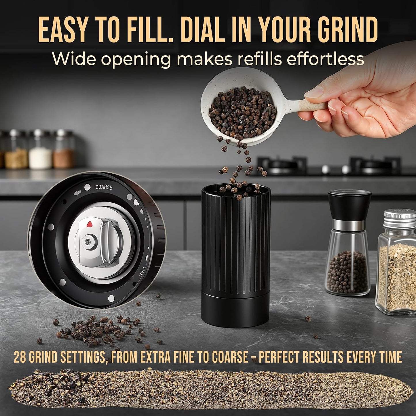 2-in-1 Electric & Manual Pepper Grinder, Professional Grade Heavy-Duty | Pepper Grinder Mill, Aluminum, High Output, Adjustable Coarseness, Refillable, Magnetic Bottom Cover, Stainless Steel Blade