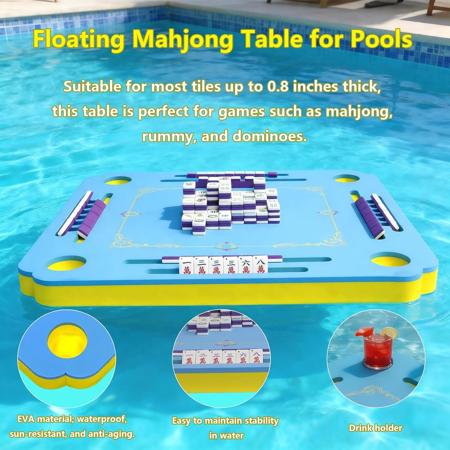 32 x 32 Inch Floating Mahjong Table for Pool, Premium EVA Mat with Tile Grooves & Cup Holders, Floating Mahjong Set, Multi-Game Pool Float Table for Summer Pool Party