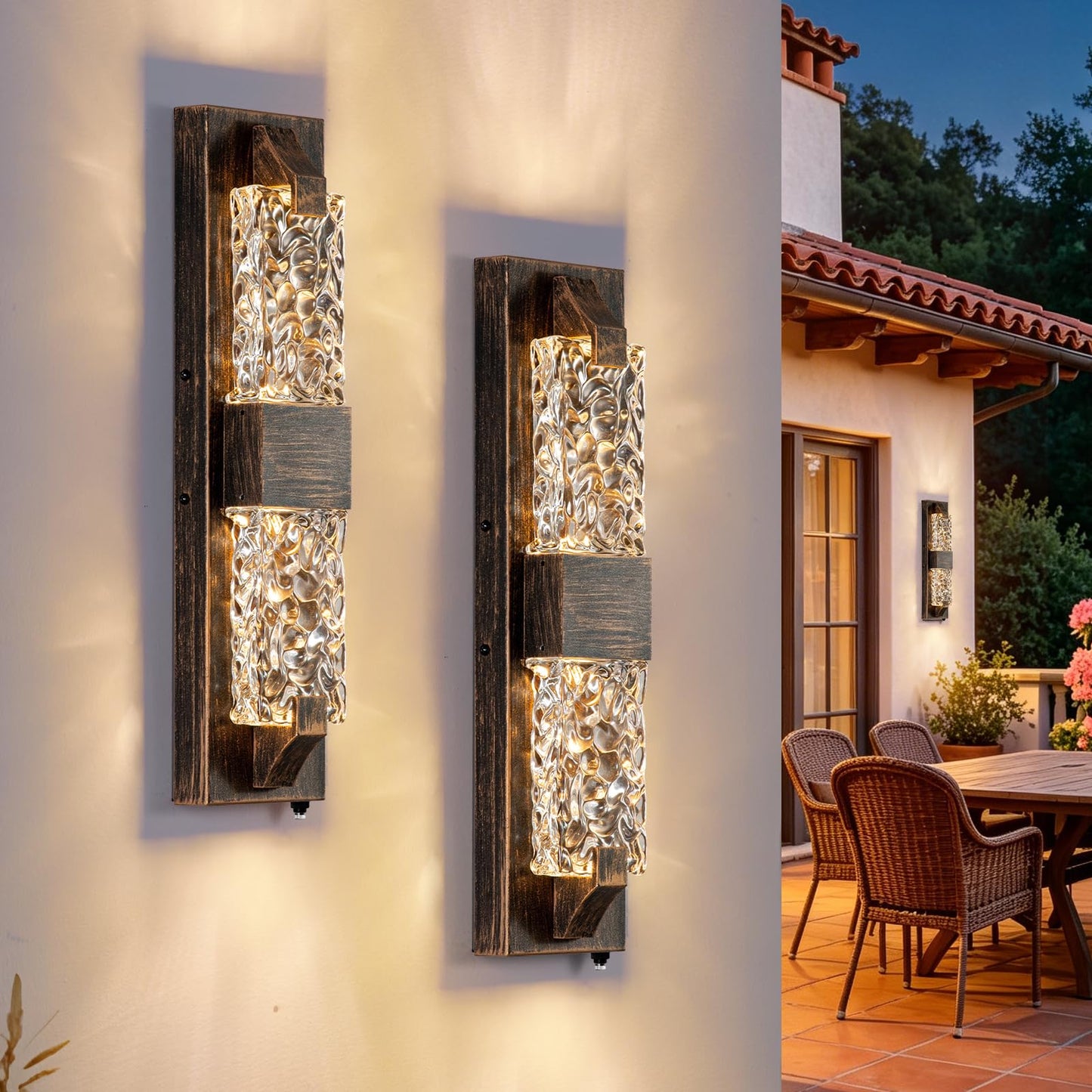 Dusk to Dawn Porch Lights, 18.5" Rustic LED Outdoor Wall Light 2 Pack | Rustic Wood-Grain,Crystal Glass Shade, IP65 Waterproof,12W 3000K Hardwired, Rust-resistant for Entryway/Garage/Patio/Doorway