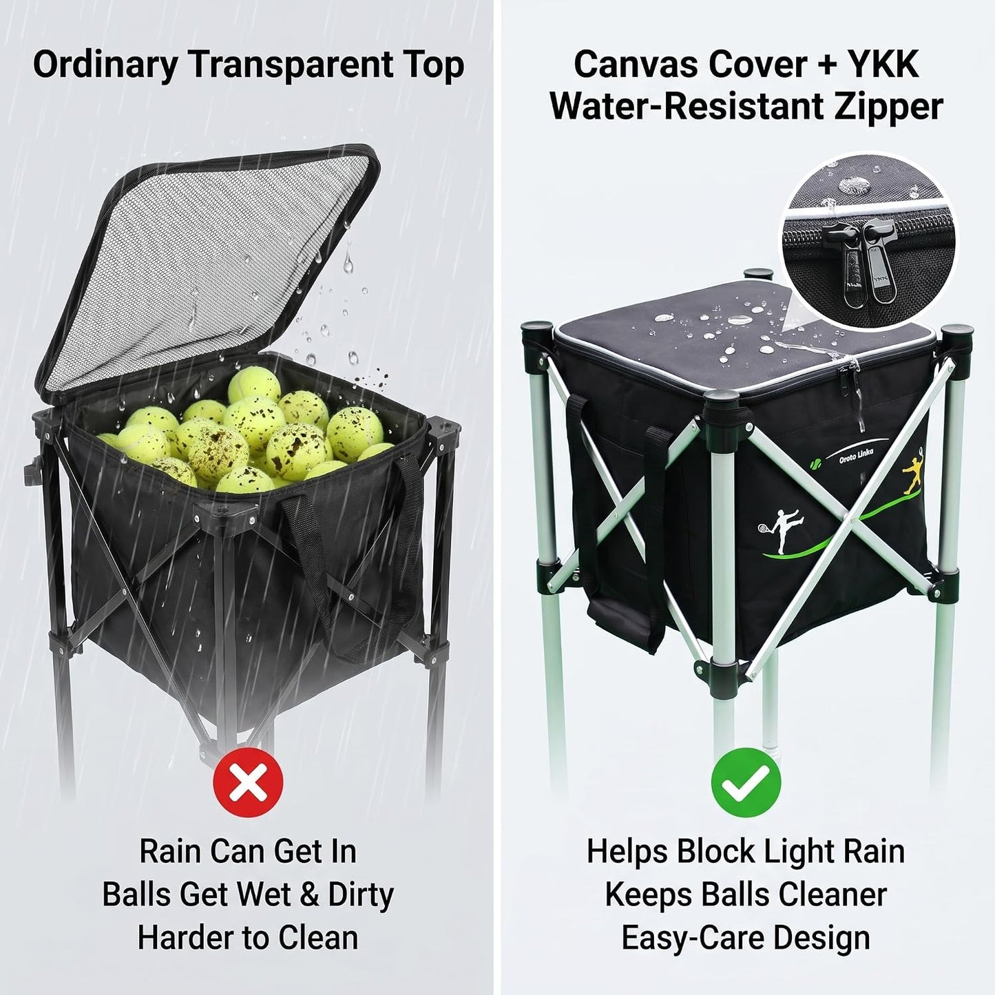 Tennis Ball Hopper for 150 Balls, Foldable Basket Cart with Lightweight Aluminum Frame, Locking Wheels, Zippered Closed-Top Bag Helps Keep Balls Cleaner, YKK Zipper, Portable Caddy for Practice