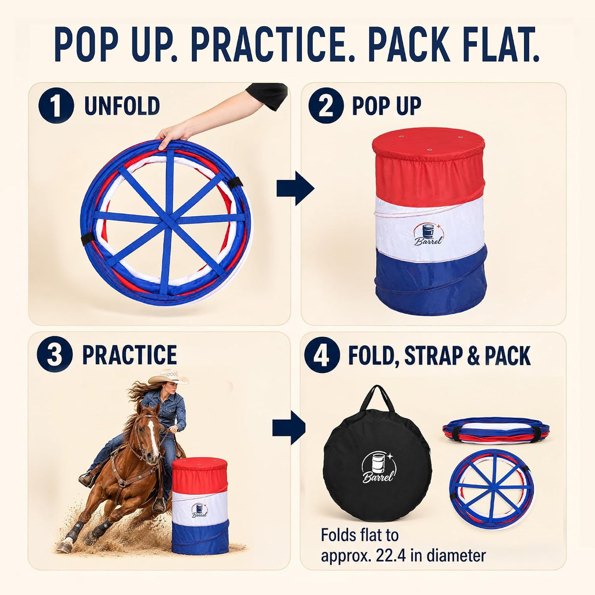 Pop Up Barrel Racing Training Barrels, Collapsible Set of 3