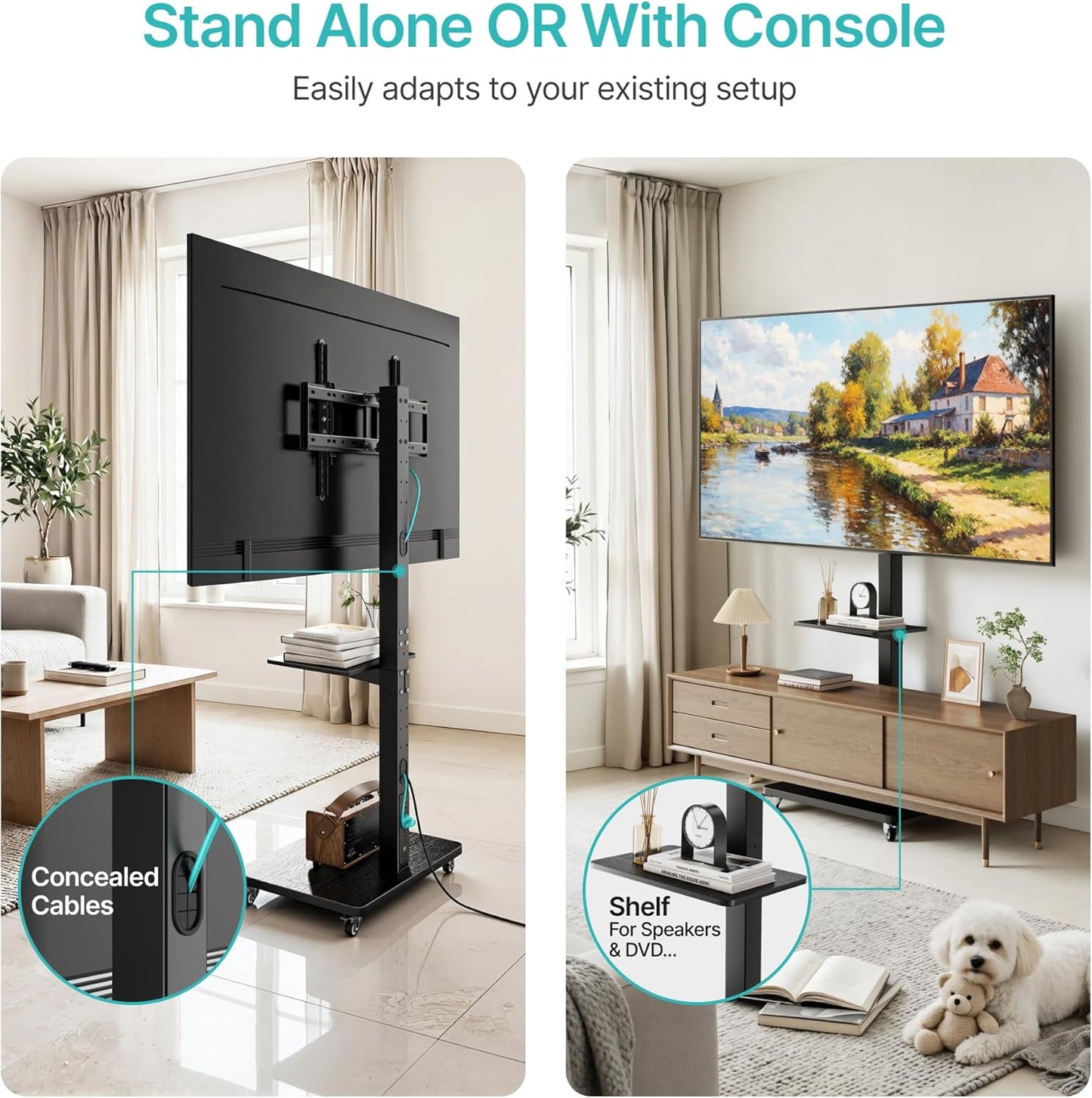 Rolling TV Stand with Power Outlet for 32-75 Inch TVs up to 110 lbs, Mobile TV Stand on Metal Wheels, Tilt & Swivel Portable TV Cart with Mount, Height Adjustable TV Cart with Wire Management