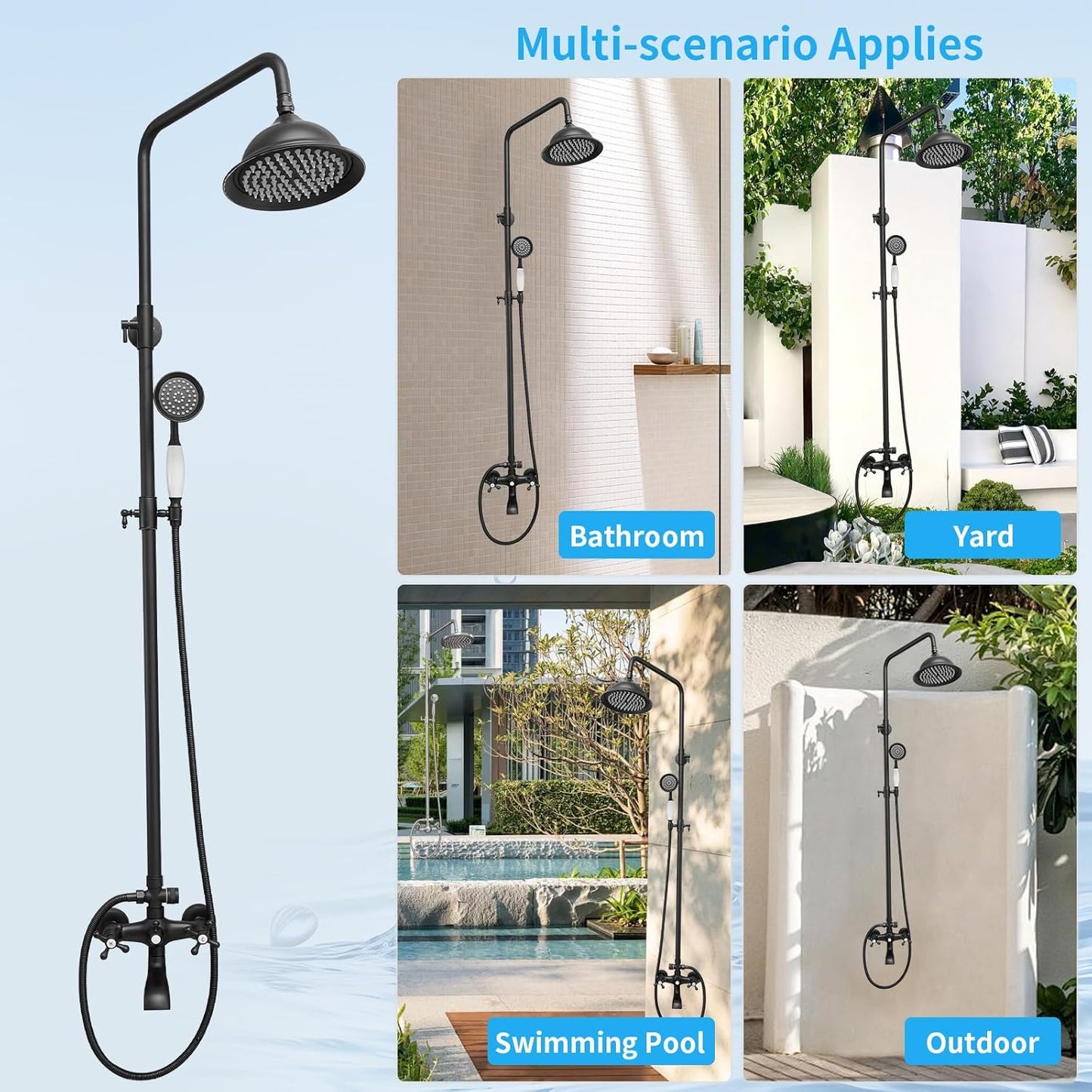 Bathfinesse Outdoor Shower Faucet Set, Exposed Pipe Shower with 3 Function Adjustable Shower Head Hand Spray and Tub Spout, Double Knobs Cross Handle