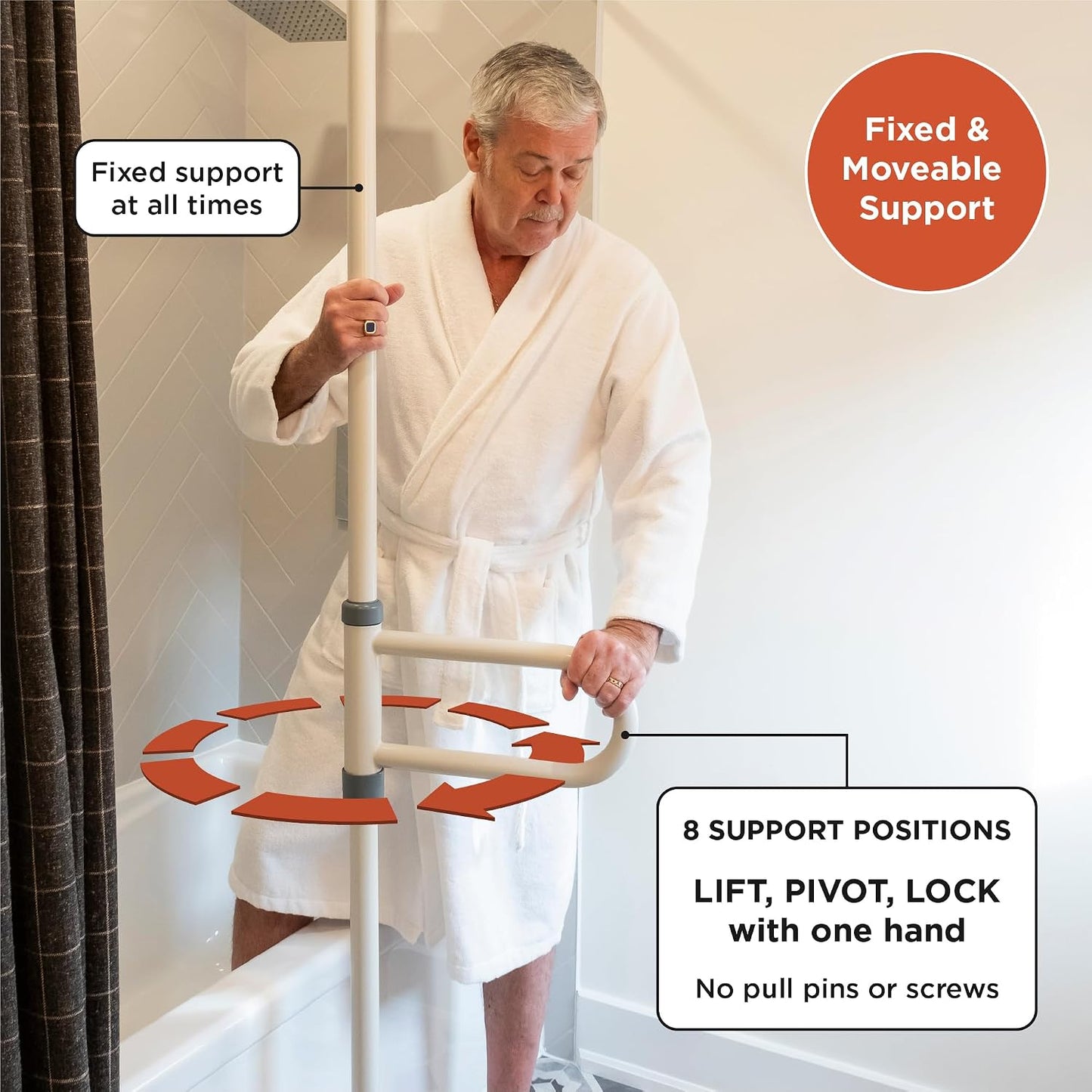 HEALTHCRAFT uPole with Pivot Bar Floor to Ceiling Transfer Pole (7-10FT) | No-Drill Grab Bar, 8 positions Pivot Bar, 360° Support for Bath Transfers